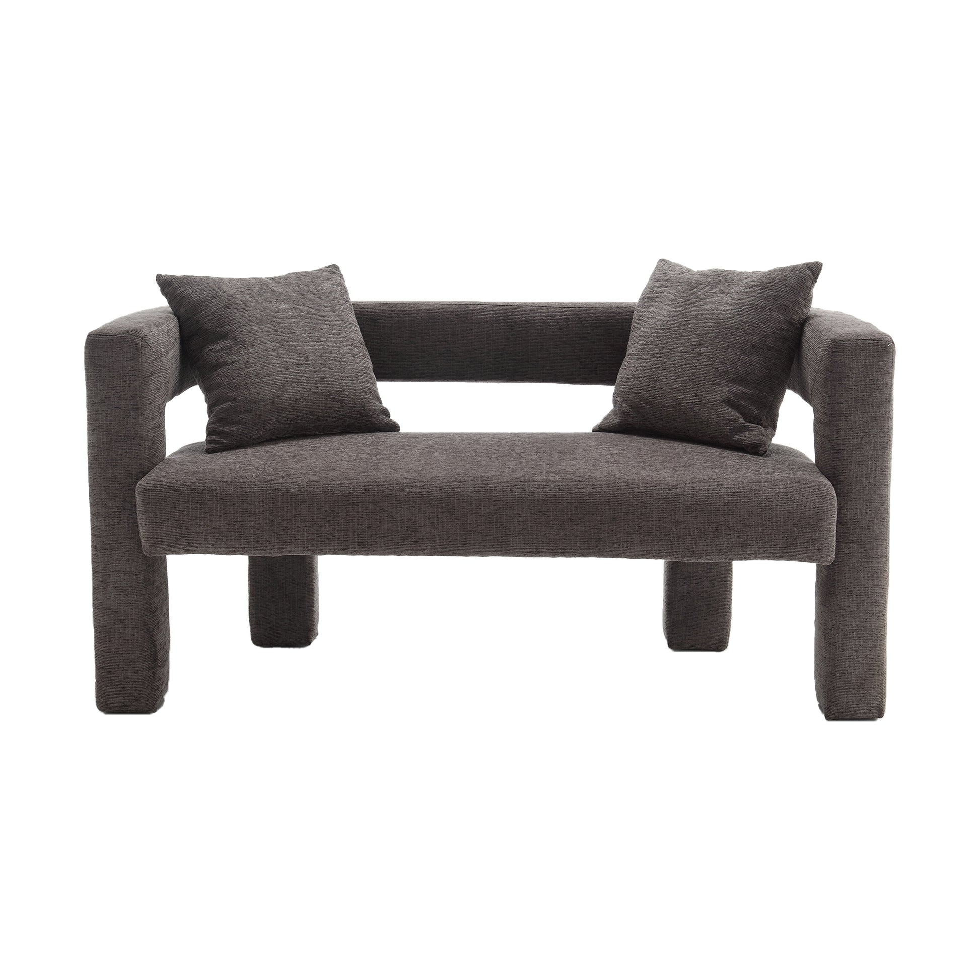 Modern dark gray fabric loveseat with two throw pillows  inches wide