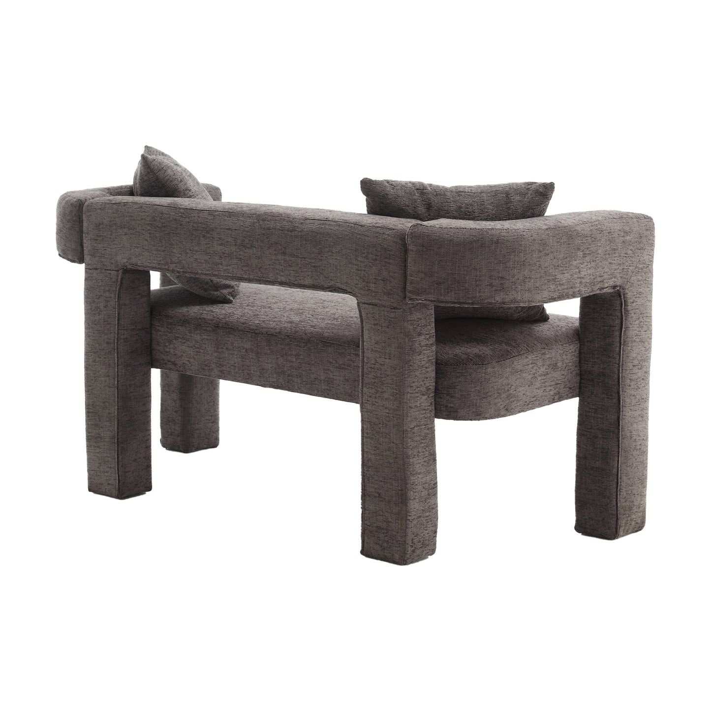 Modern charcoal upholstered accent chair with plush throw pillows for living rooms