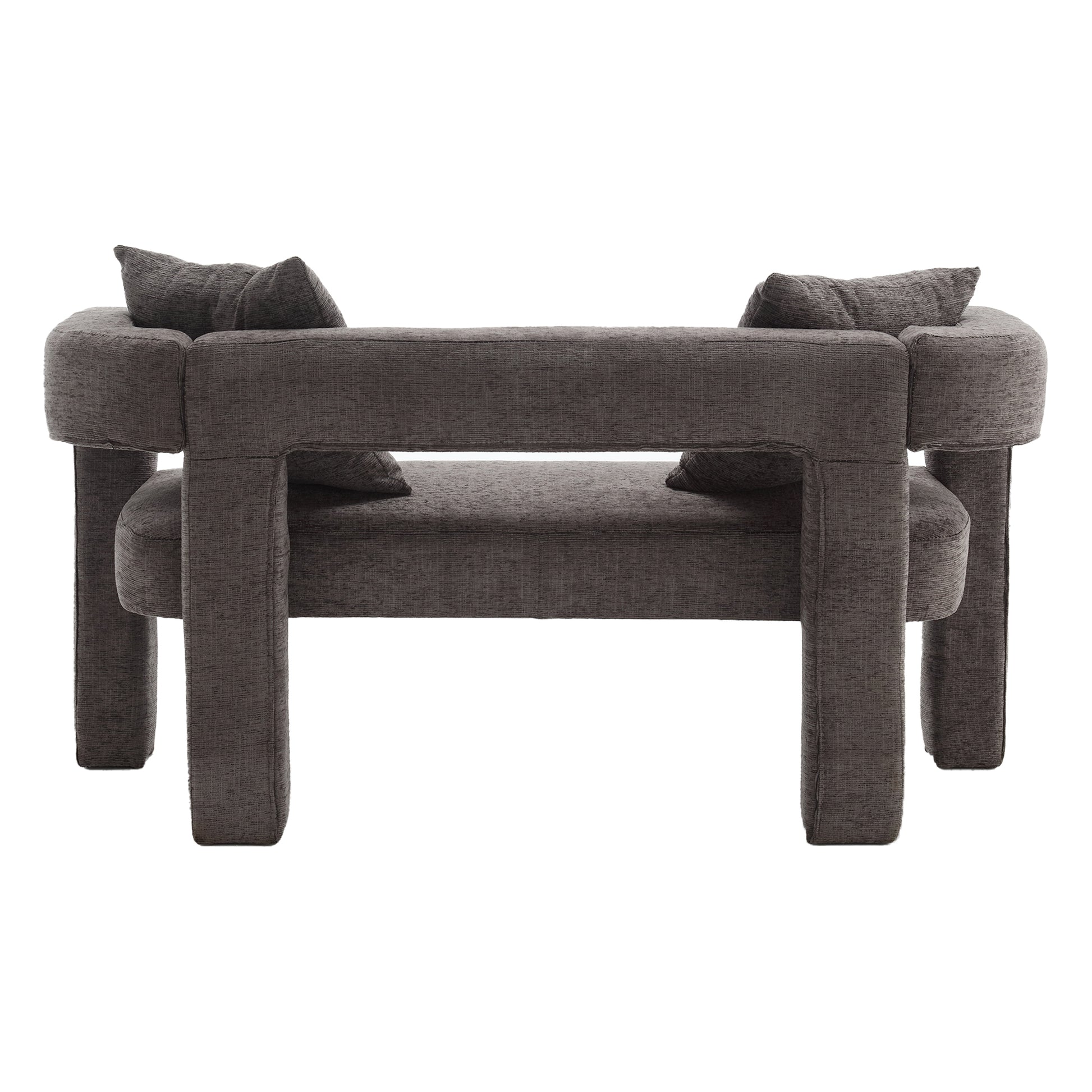 Modern gray fabric accent chair with thick square legs and plush cushions perfect for a living room