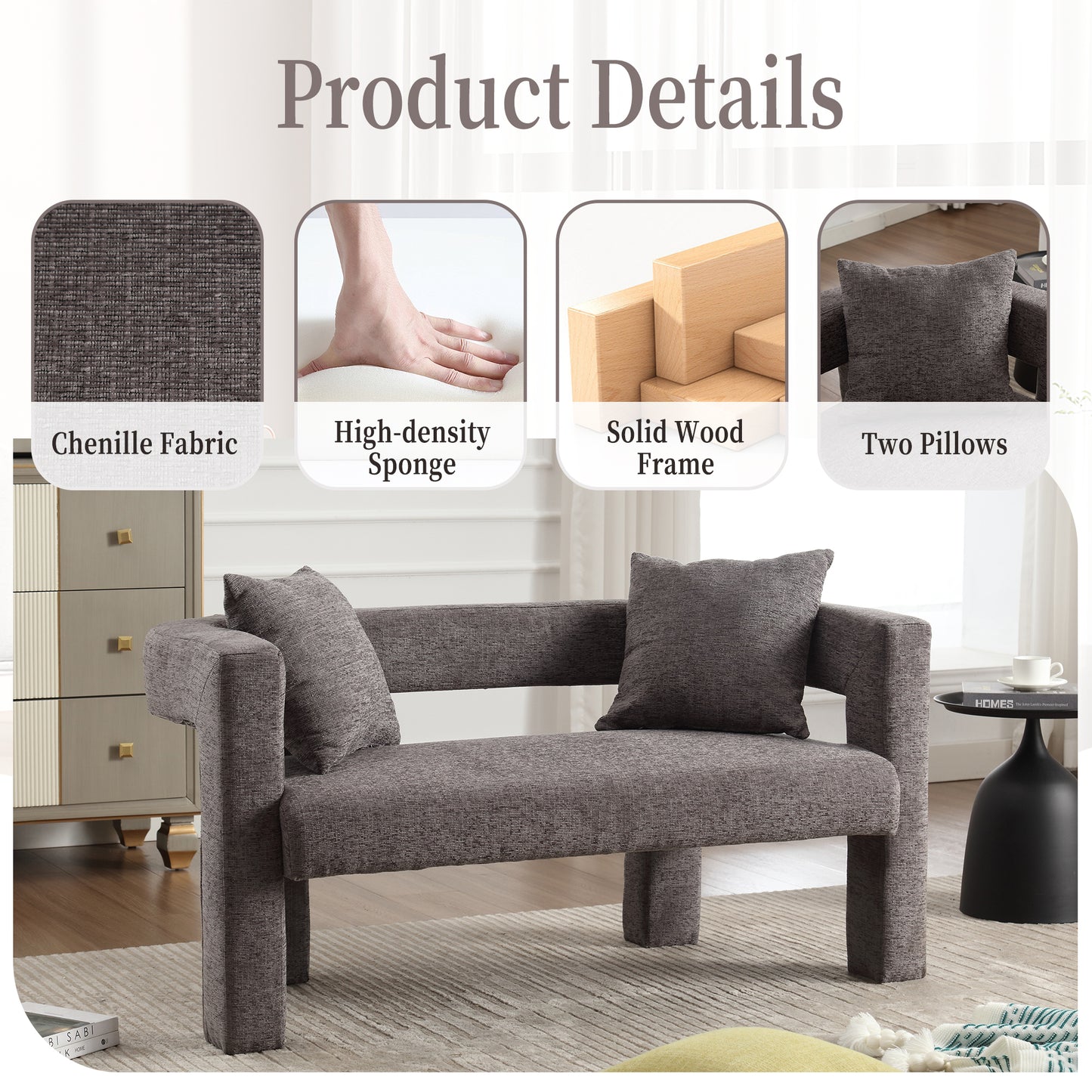 Modern grey chenille fabric loveseat with two plush pillows and solid wood legs