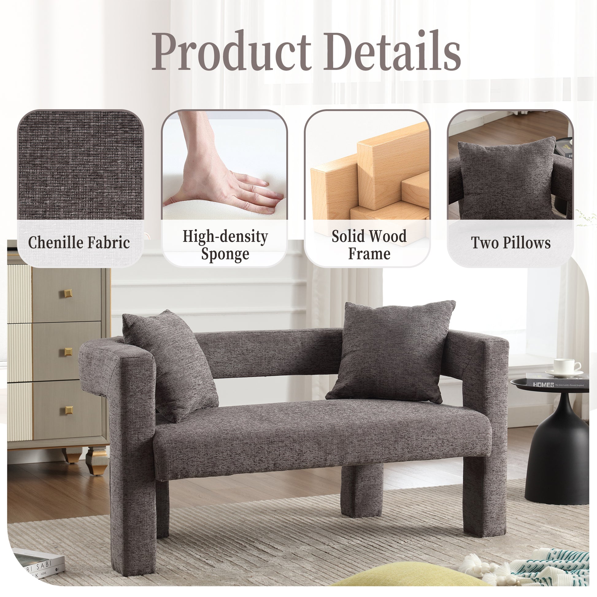 Modern grey chenille fabric loveseat with two plush pillows and solid wood legs