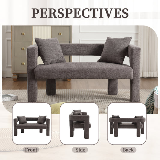 Dark grey fabric loveseat with modern design and two square throw pillows