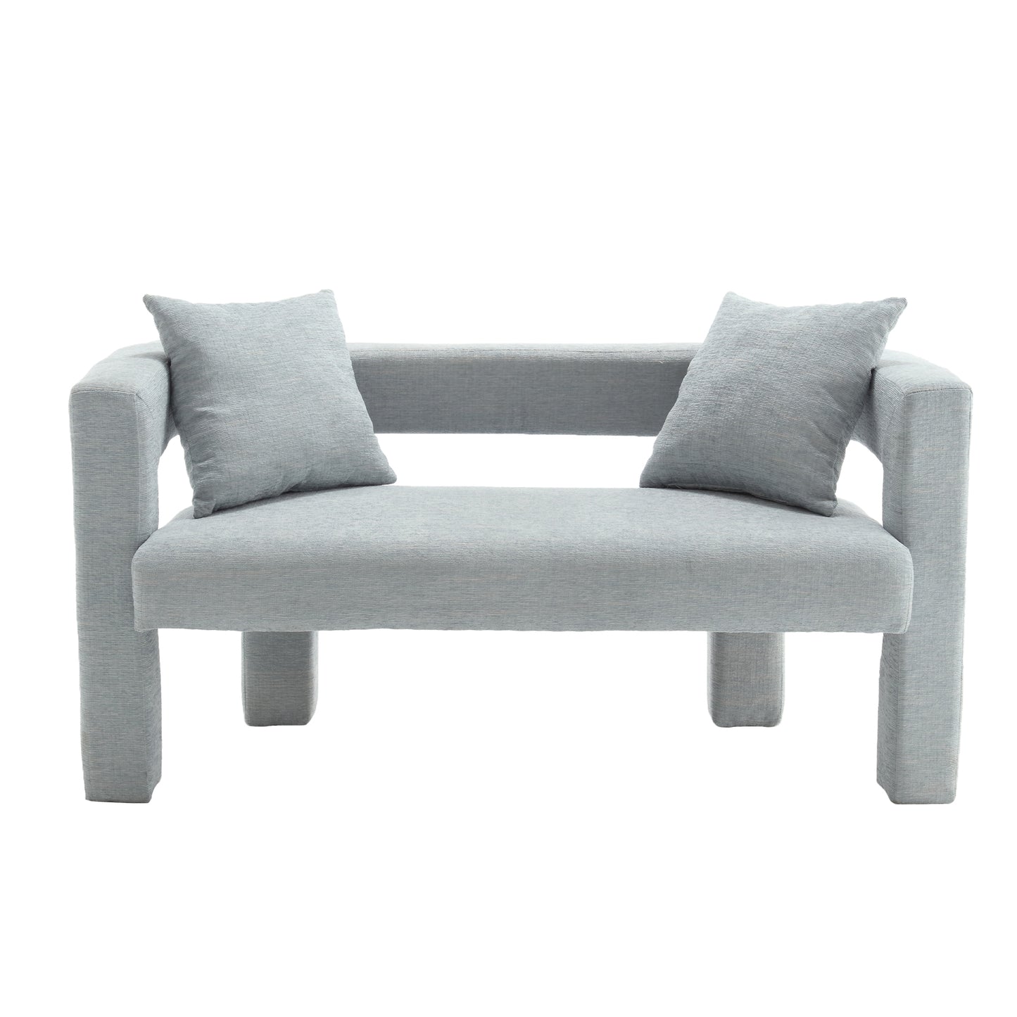 Light gray upholstered loveseat with modern block legs and two matching throw pillows