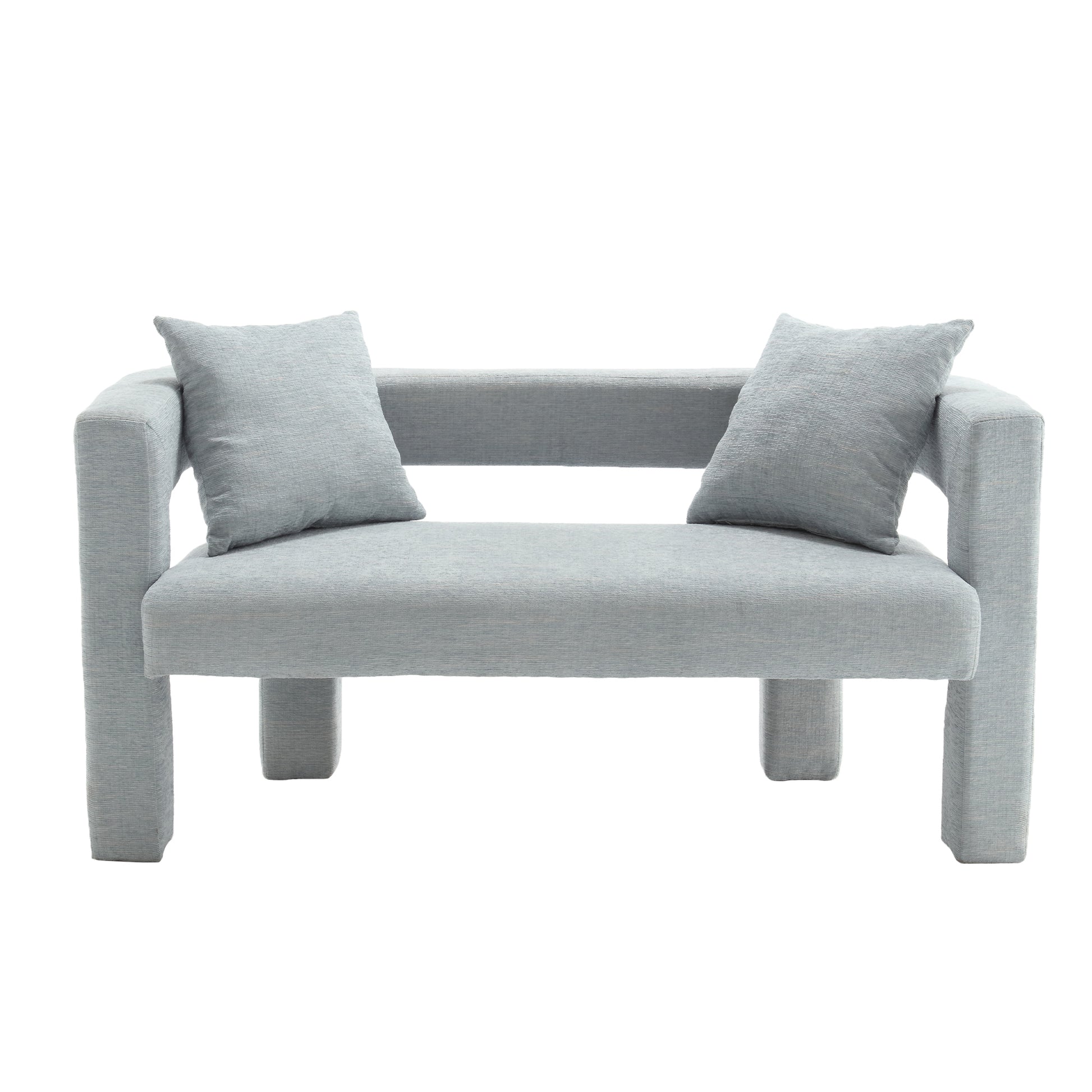 Light gray upholstered loveseat with modern block legs and two matching throw pillows