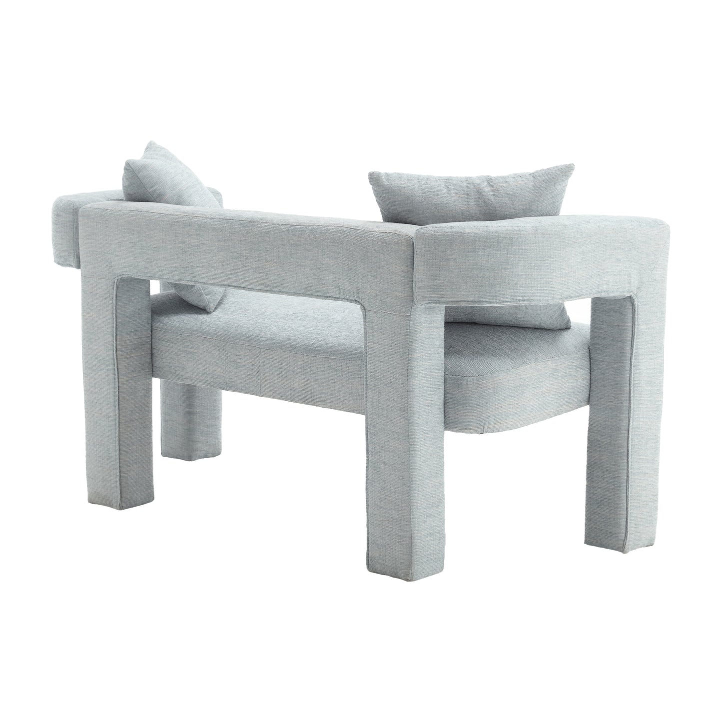 Pale blue textured fabric armchair with contemporary block design and matching throw pillows