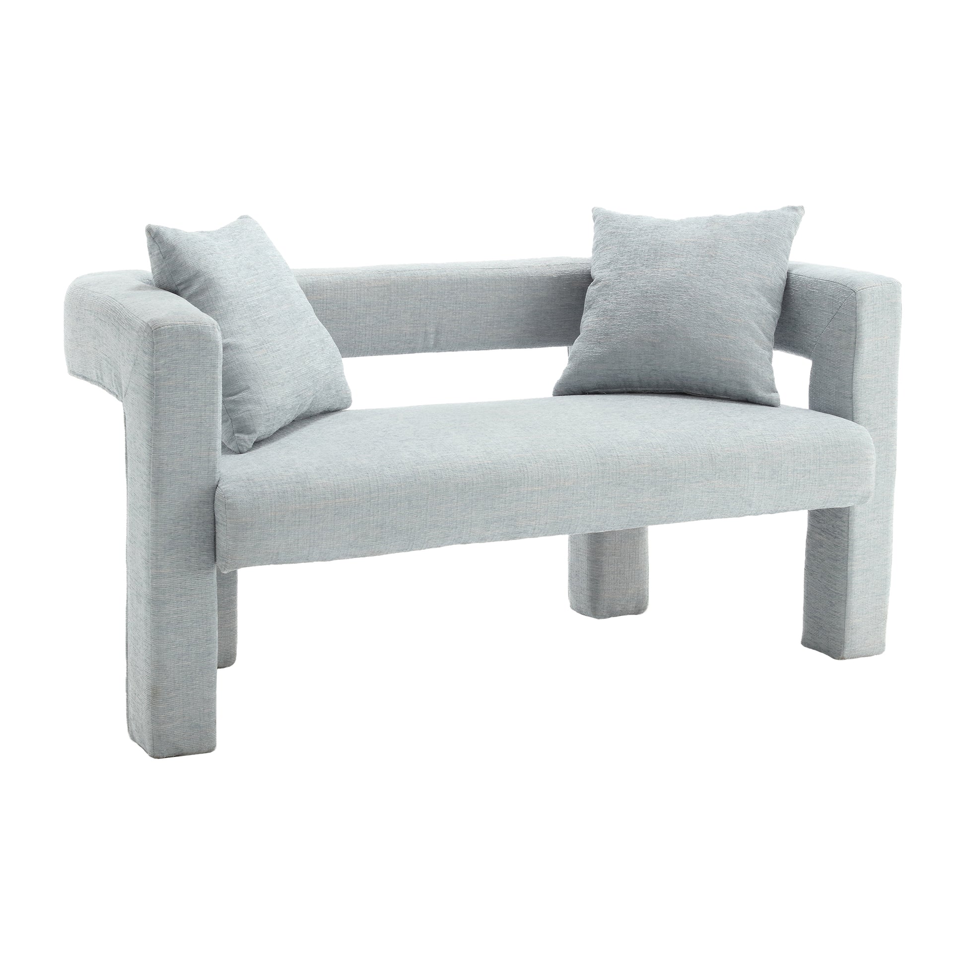Light grey fabric loveseat with two textured throw pillows for contemporary living rooms