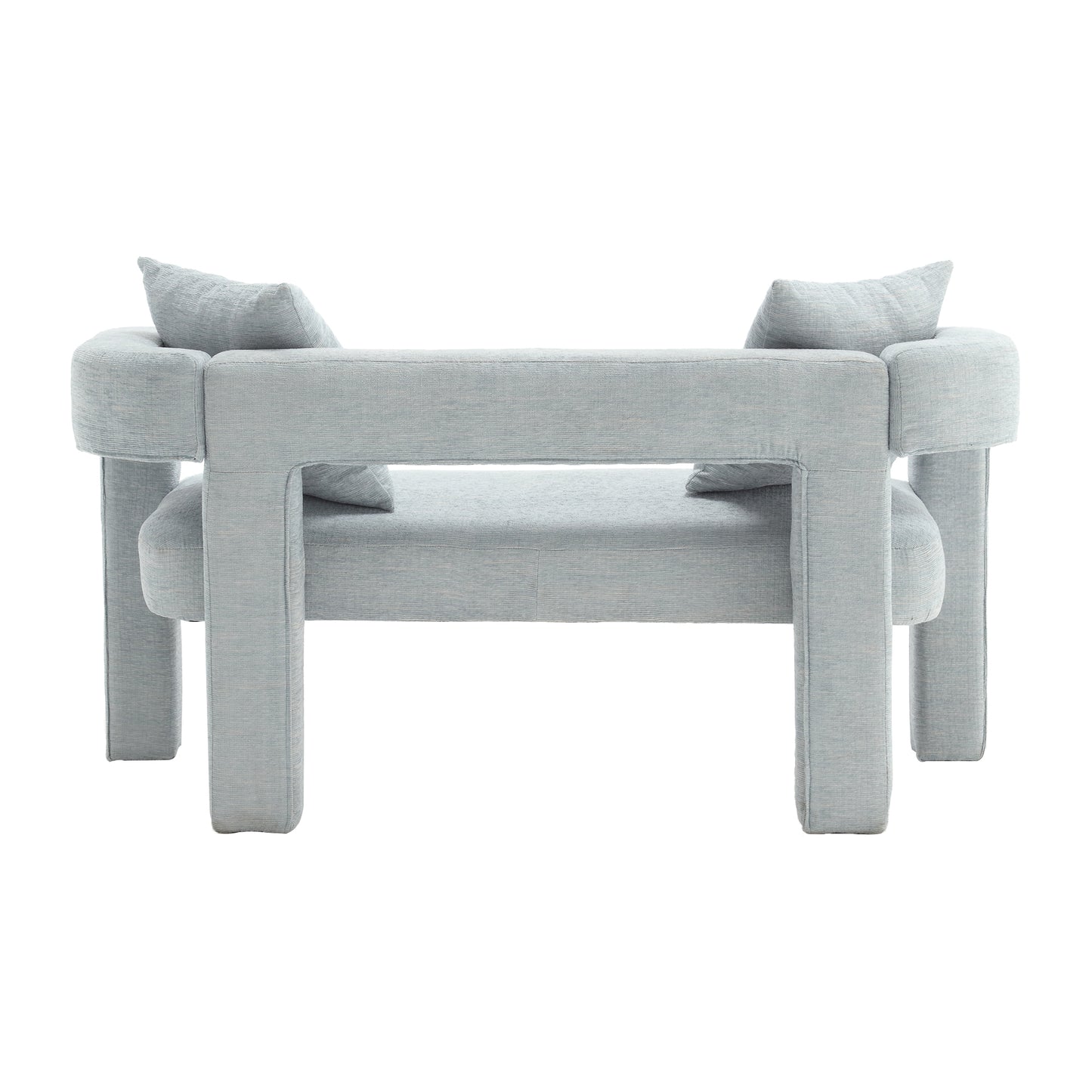 Light blue fabric armchair with minimalist geometric design and two matching throw pillows