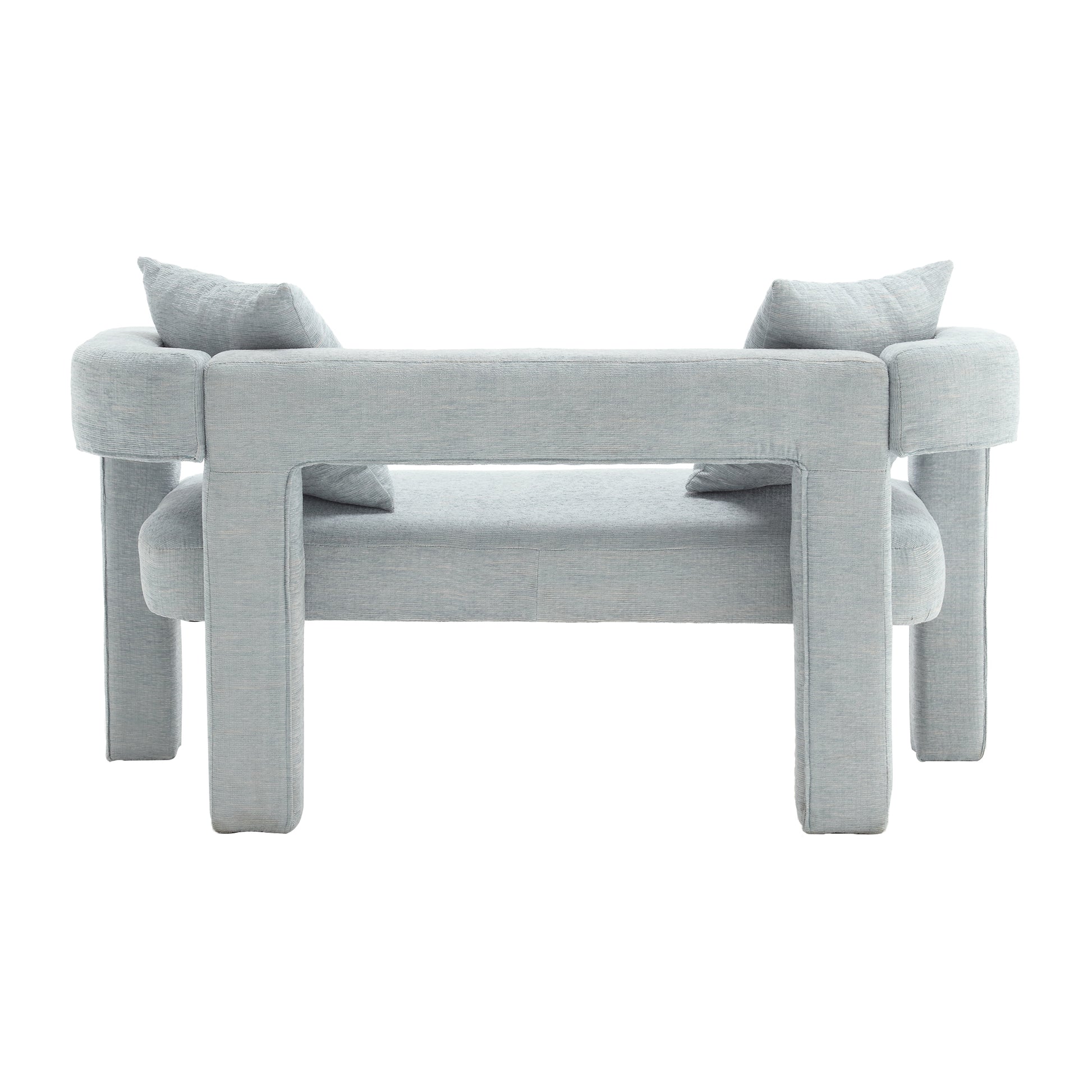Light blue fabric armchair with minimalist geometric design and two matching throw pillows