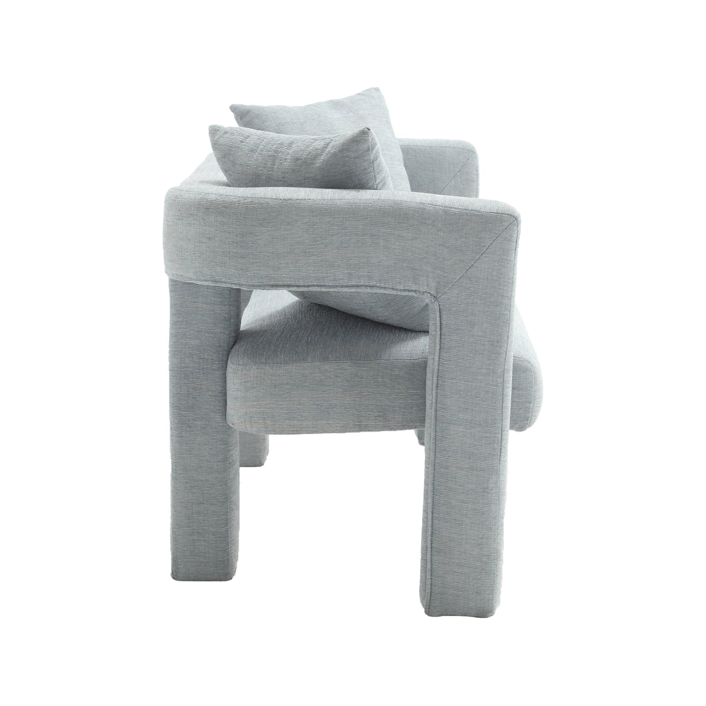 Modern light blue upholstered armchair with thick arms and back cushions