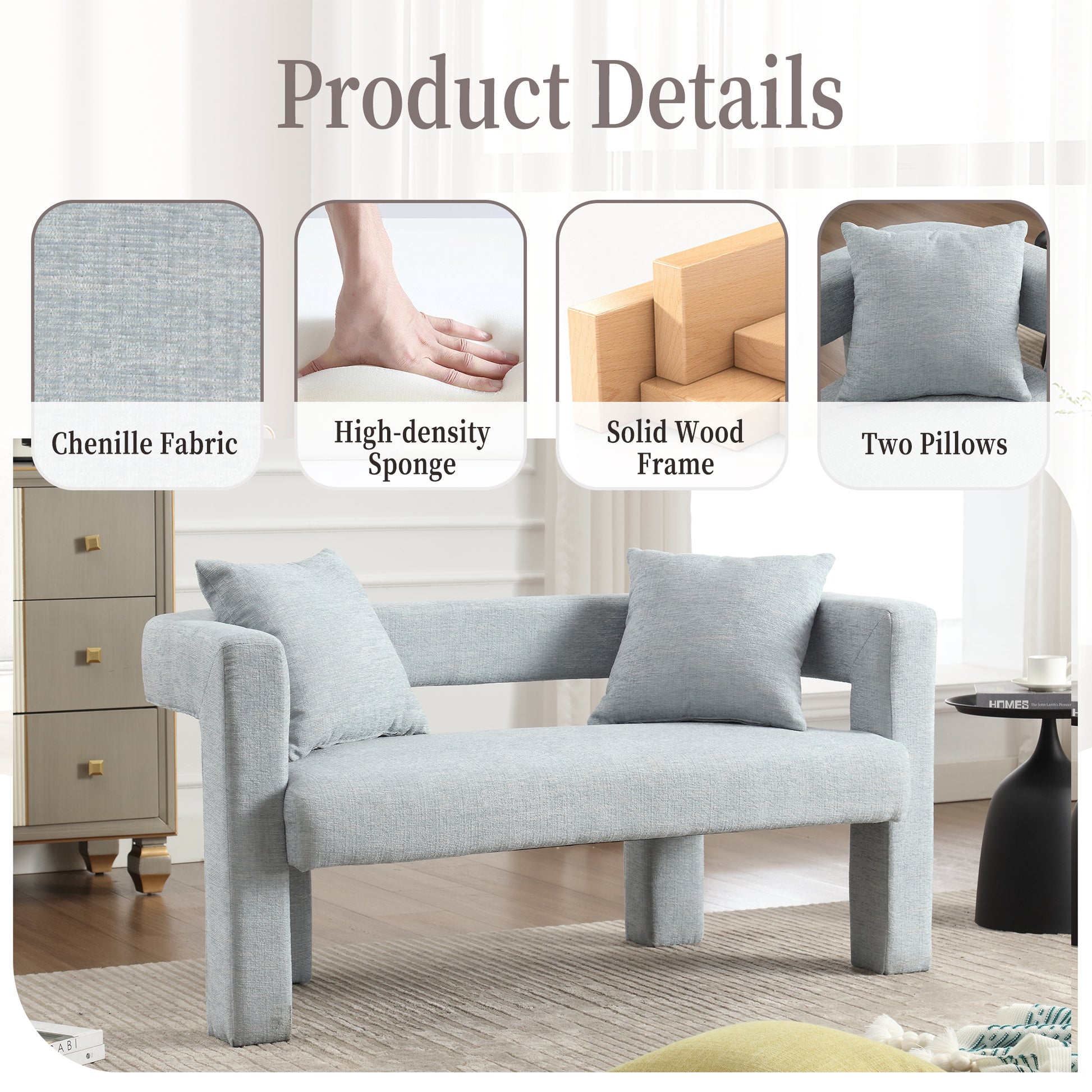Light blue chenille upholstered accent chair with two throw pillows