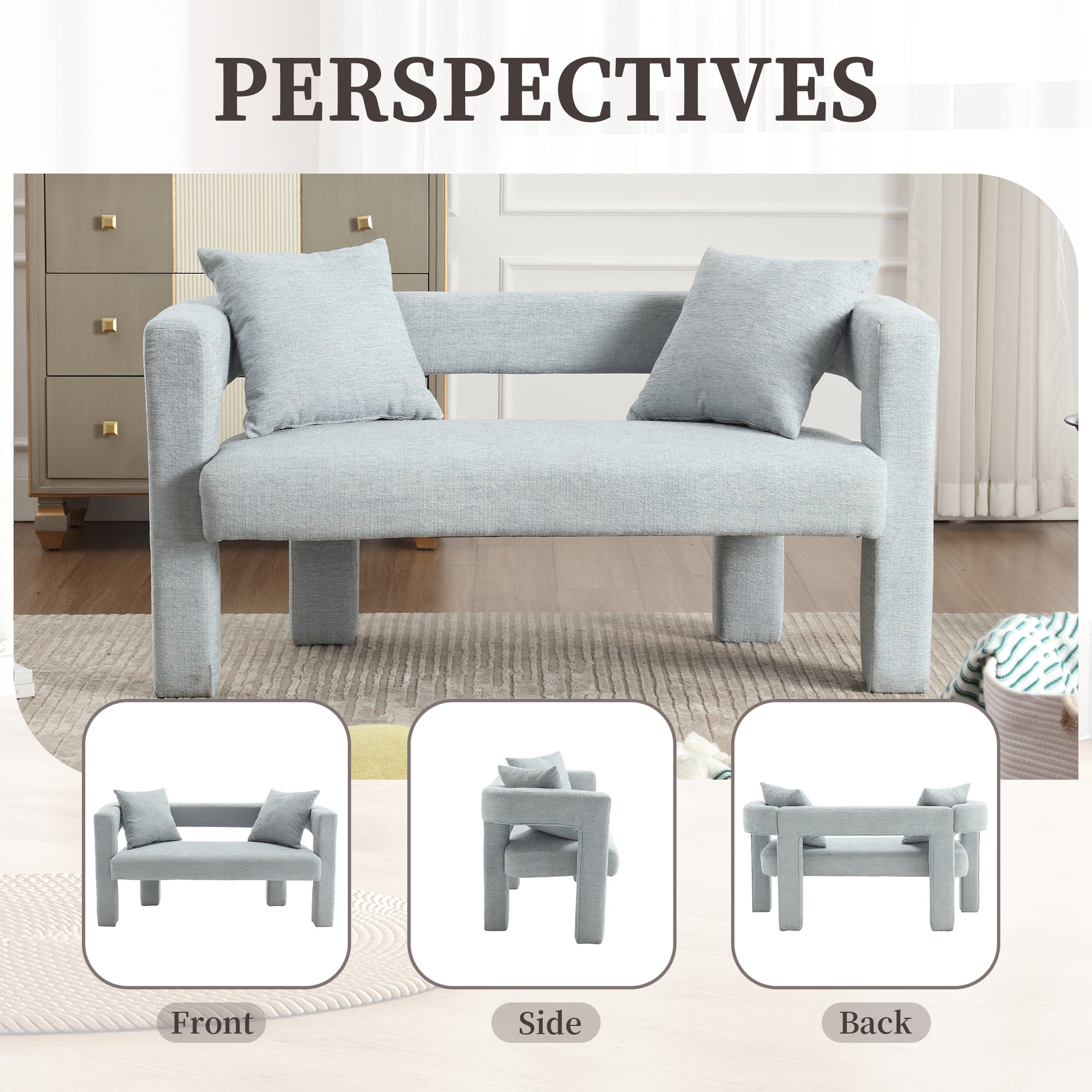 Light blue upholstered loveseat with square arms and two accent pillows Modern