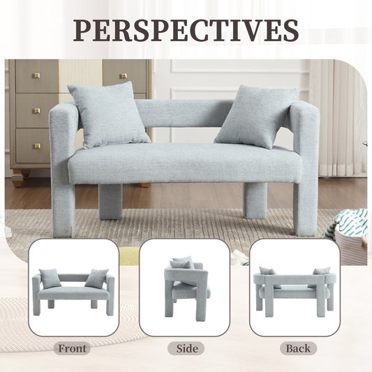 Light blue upholstered loveseat with square arms and two accent pillows Modern