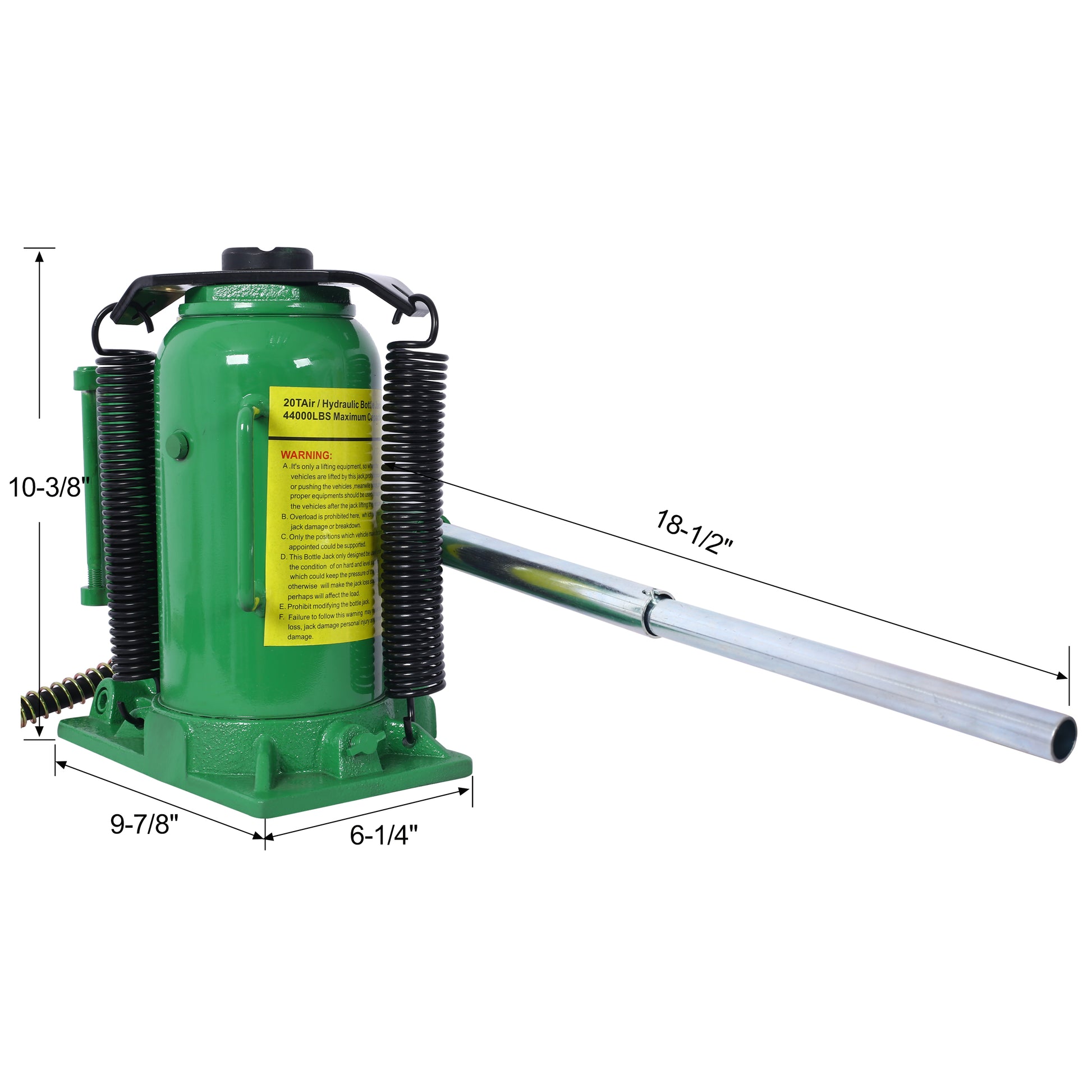 Green ton air hydraulic bottle jack with spring return and silver handle