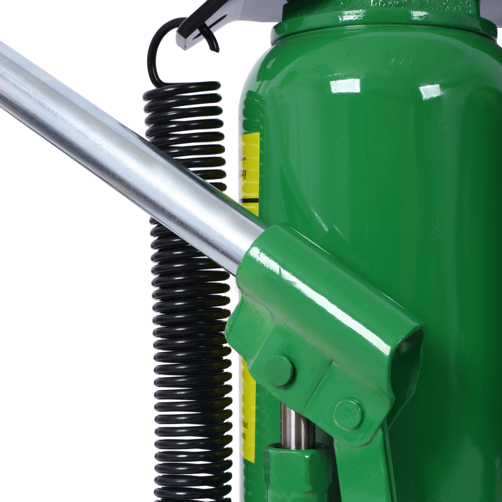 Green ton bottle jack with metal lift arm and black coil spring for heavyduty lifting