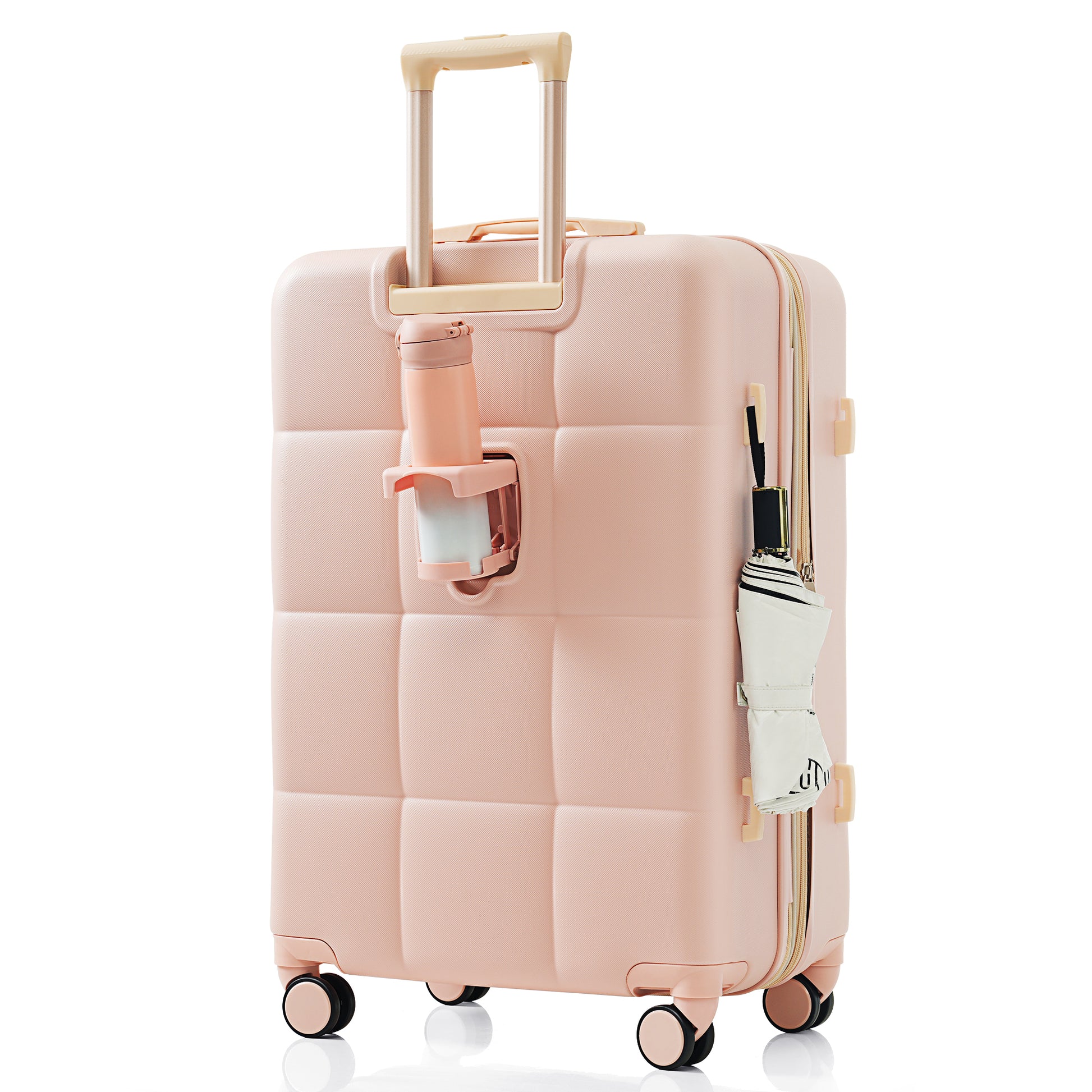Pink hardshell luggage with quilted design featuring a cup holder and umbrella attachment