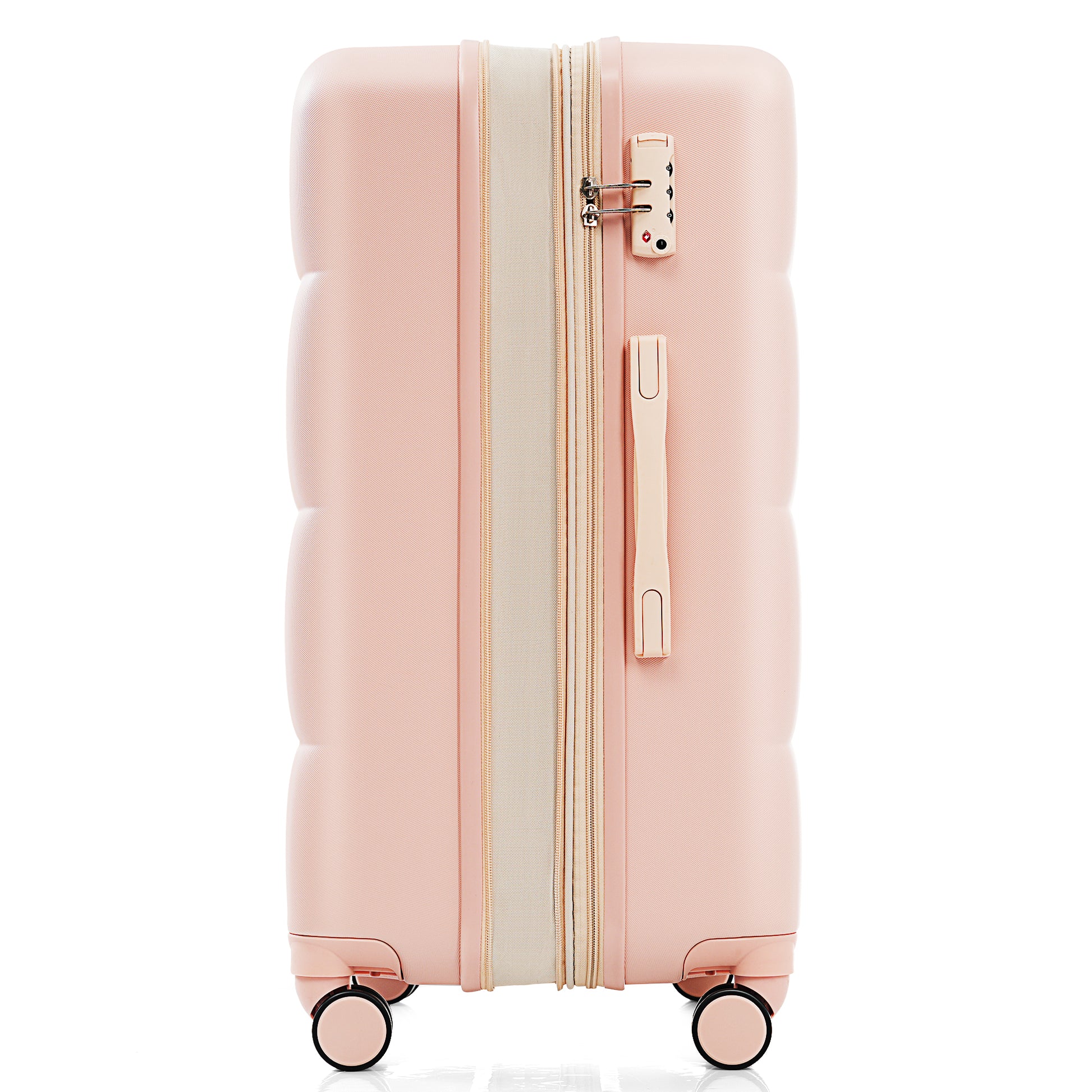 Pink hardshell suitcase with combination lock and textured surface for travel