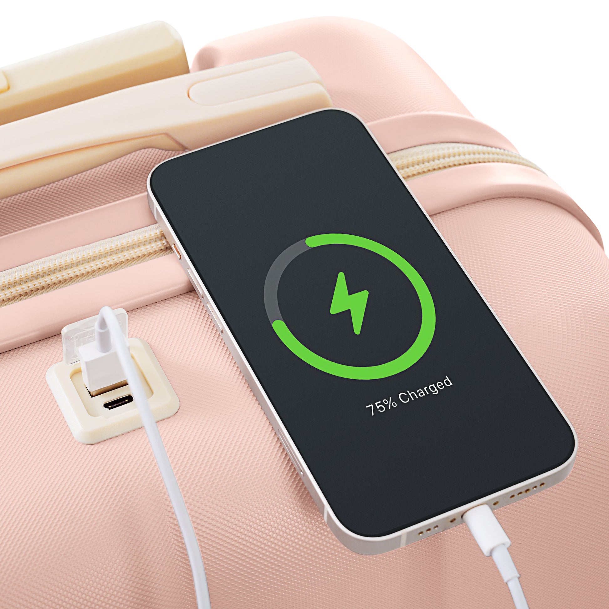 Pink luggage with integrated USB charging port and smartphone connected