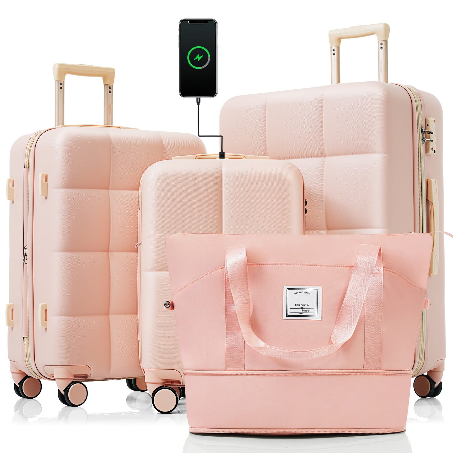 Three pink hardside luggage pieces with wheels a smaller carryon and two larger checked bags and a matching duffel bag