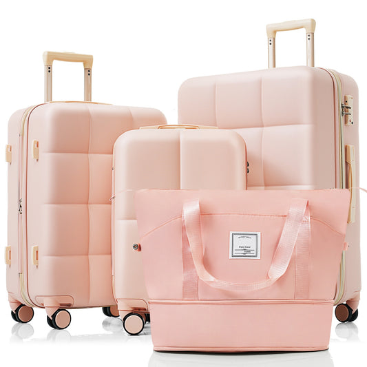 Three pink suitcases and a matching duffel bag with smooth rolling wheels for effortless travel