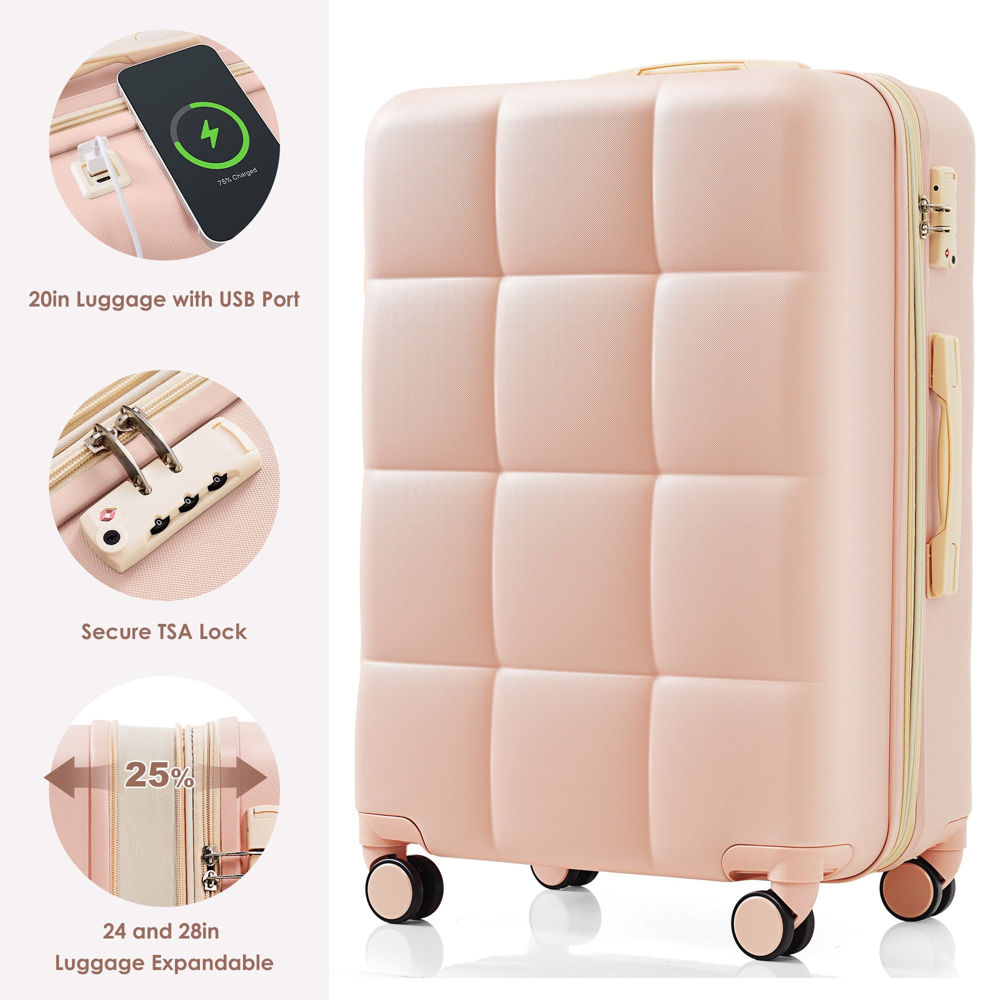 Pink inch hardside luggage with quilted design and integrated USB charging port