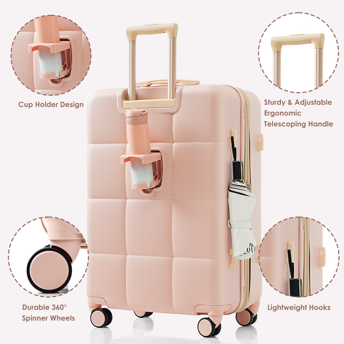 Light pink suitcase with a builtin cup holder for convenient travel