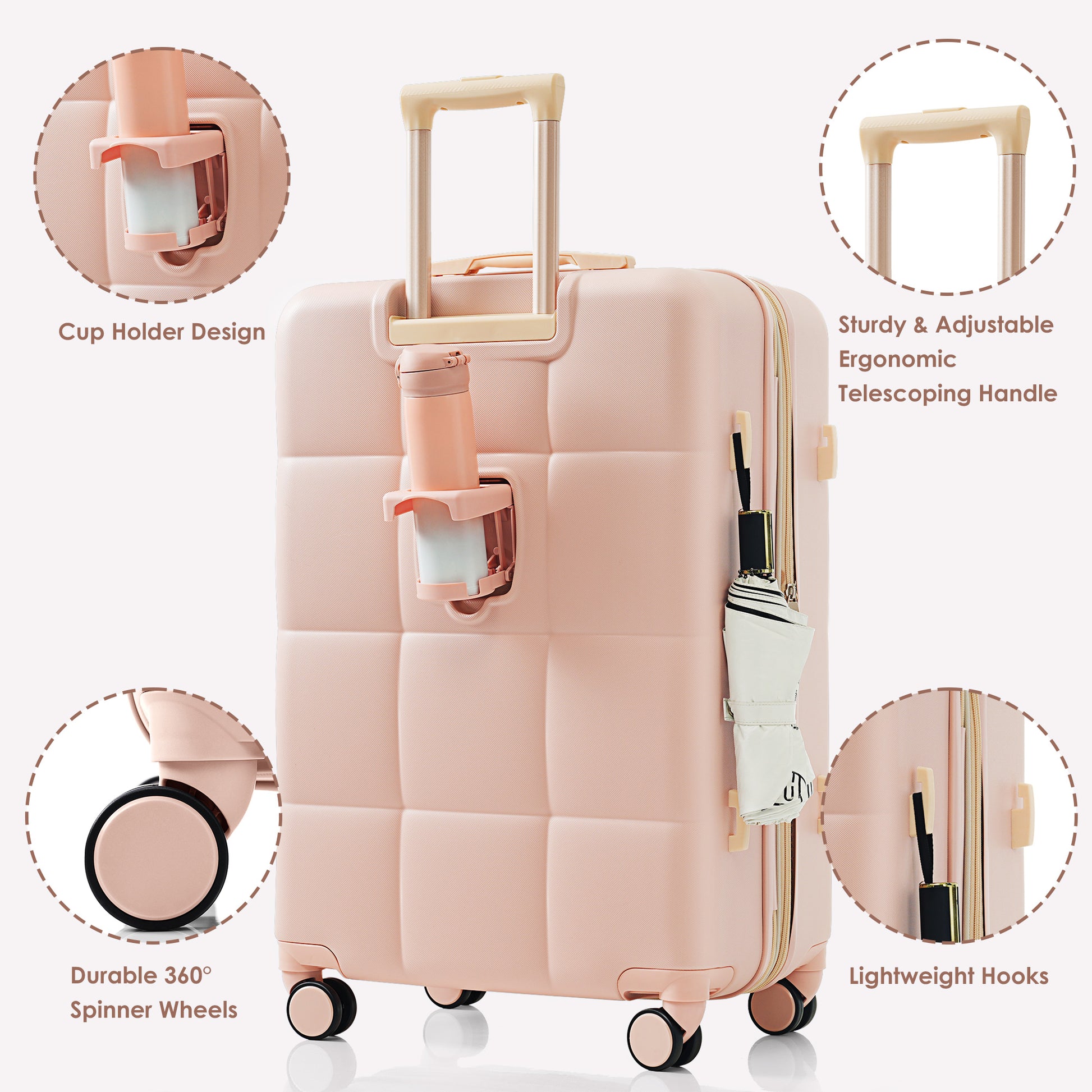 Light pink suitcase with a builtin cup holder for convenient travel