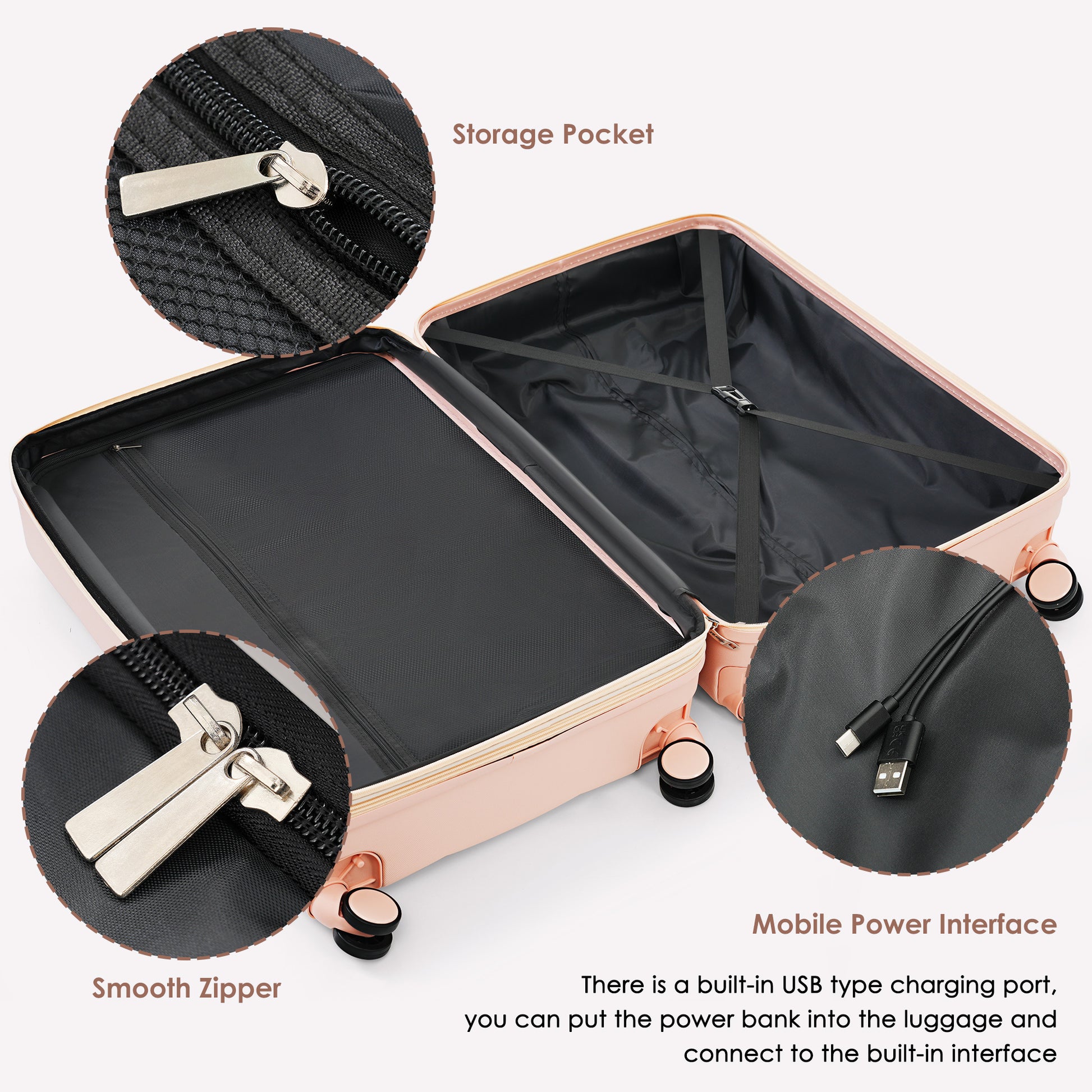 Peach luggage with smooth zipper details for travel convenience