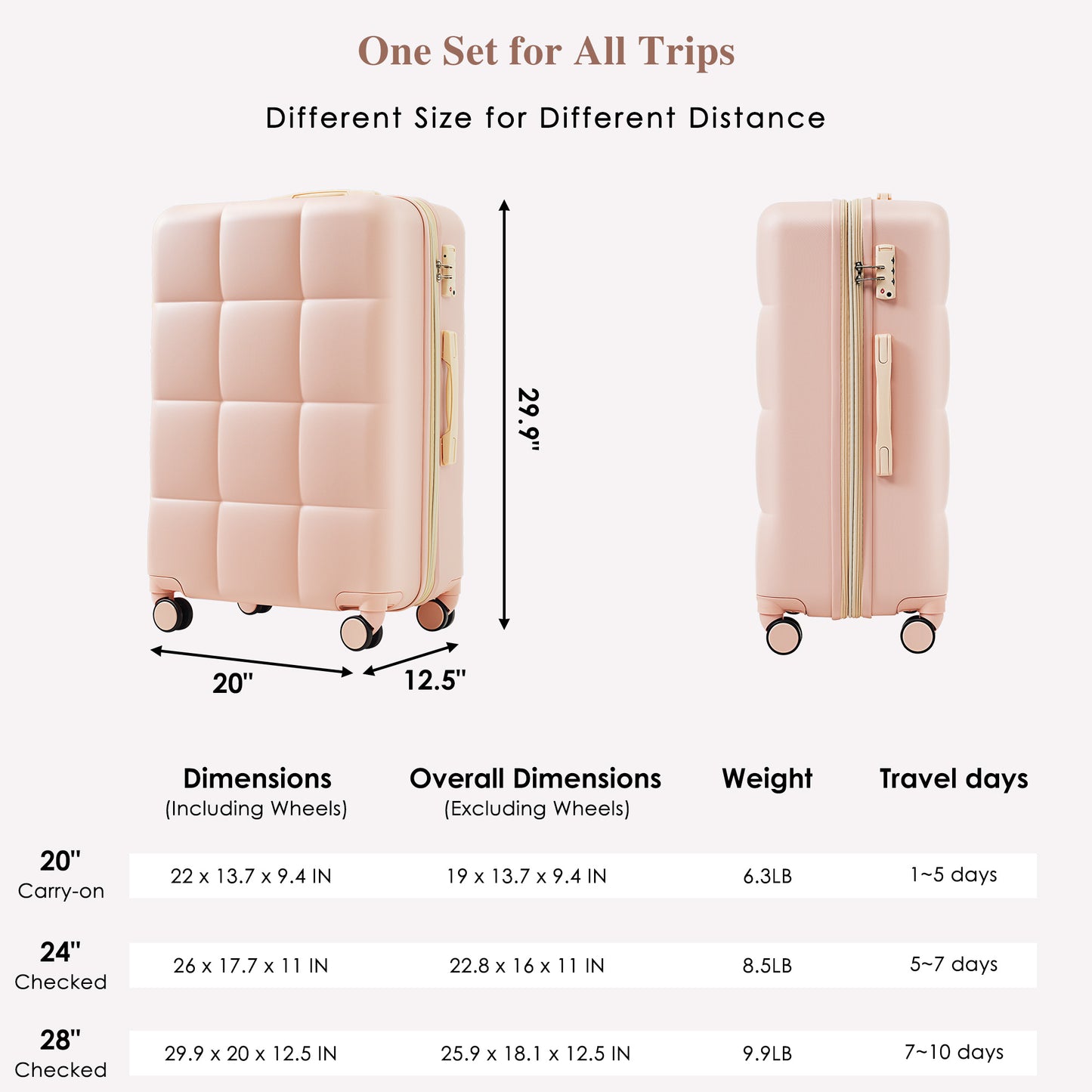 Light pink quilted polycarbonate inch carryon suitcase with TSA lock and spinner wheels
