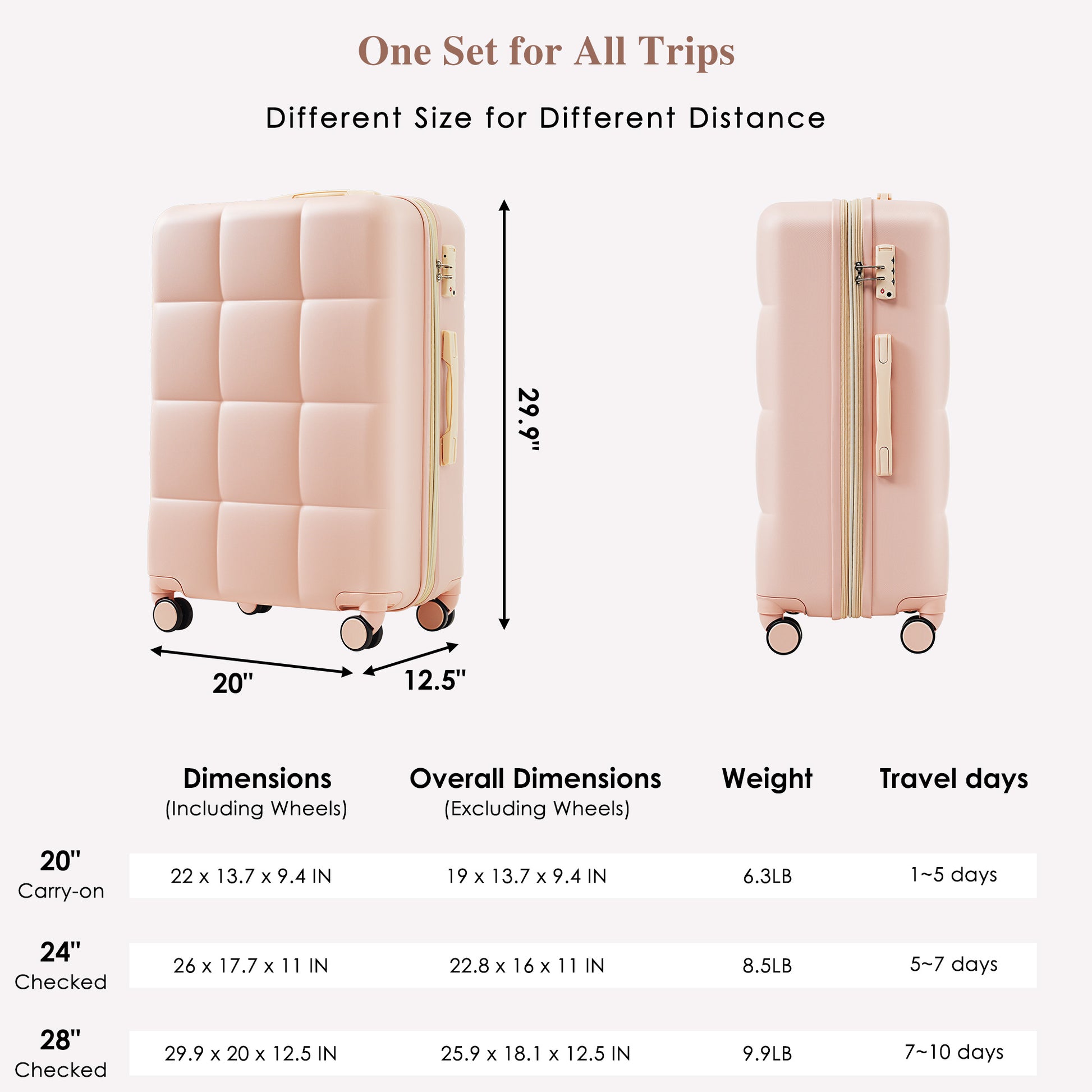 Light pink quilted polycarbonate inch carryon suitcase with TSA lock and spinner wheels