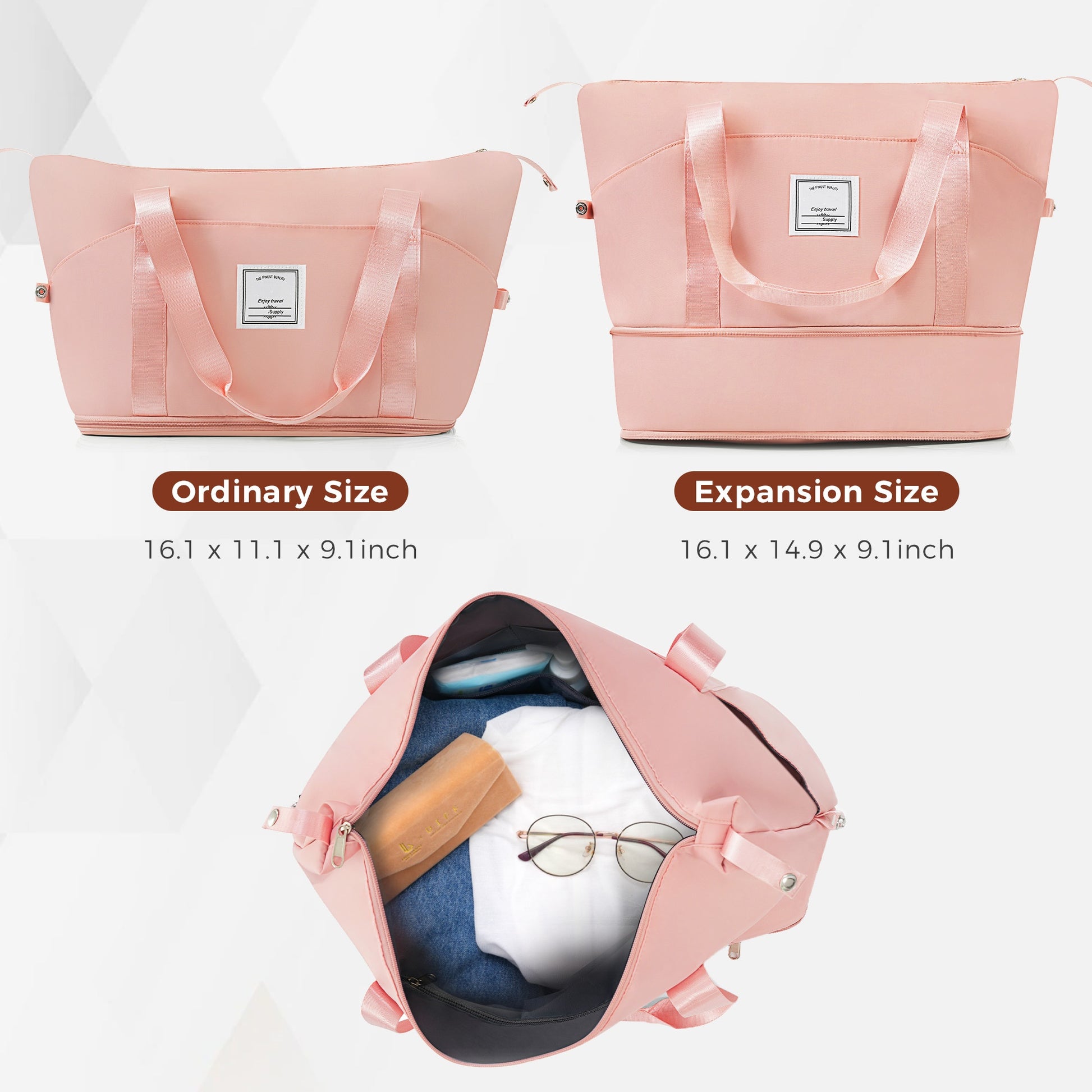 Pink duffel bag shown in ordinary size perfect for weekend travel
