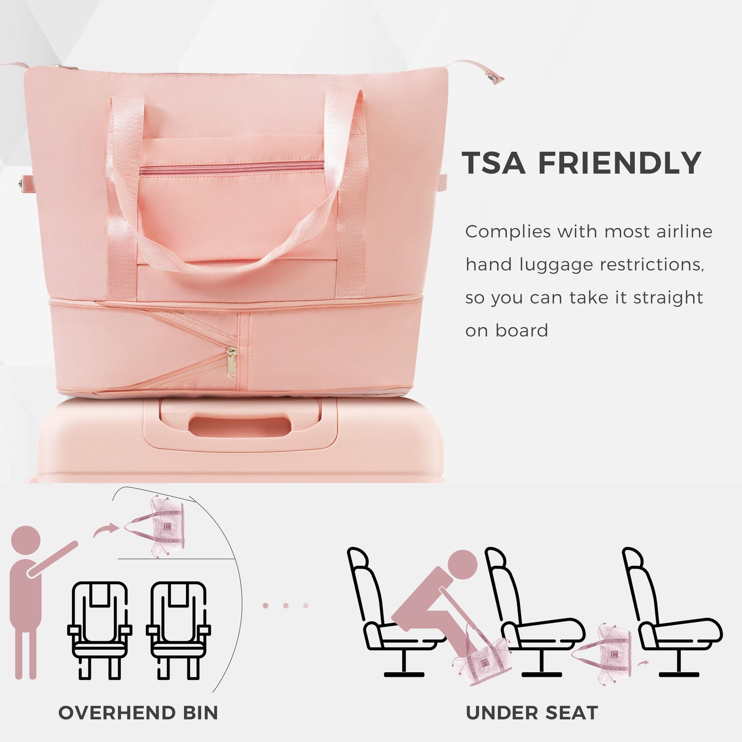 Pink duffel bag with two top handles and front zippered pocket stacked on a light pink suitcase