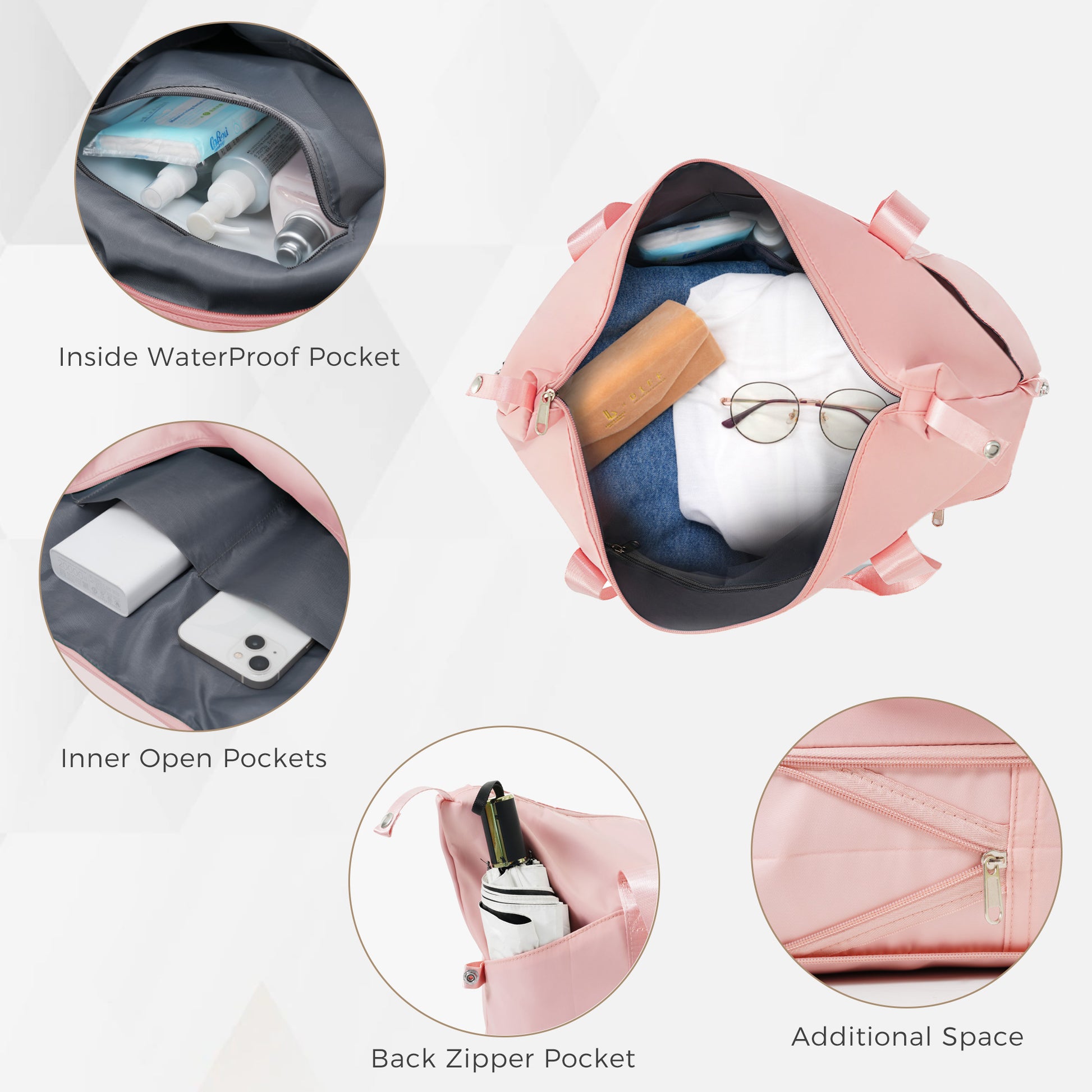 Pink duffel bag with waterproof pocket holding toiletries for travel