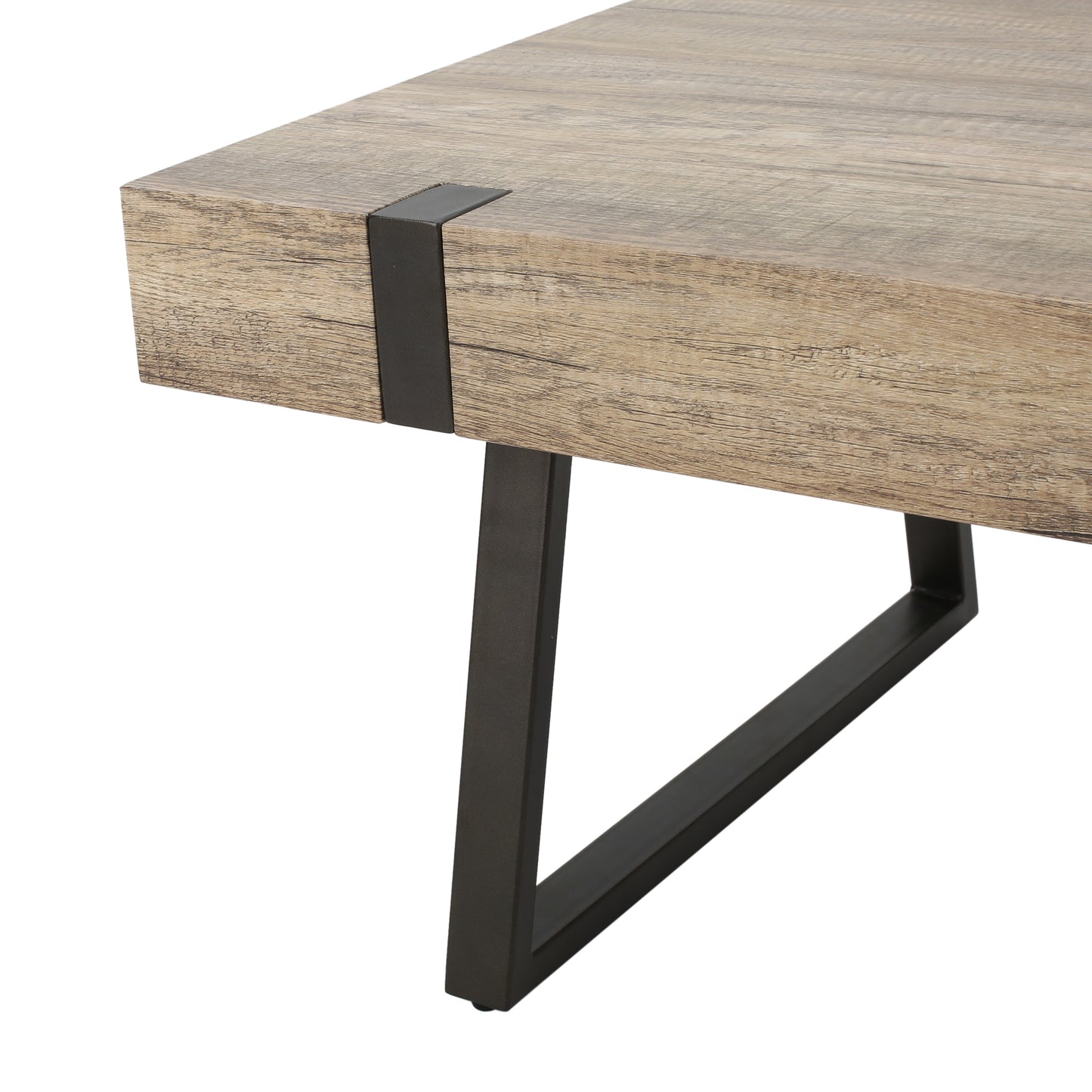 Rustic oak veneer tabletop with black metal bracket detail and angled leg for modern coffee table