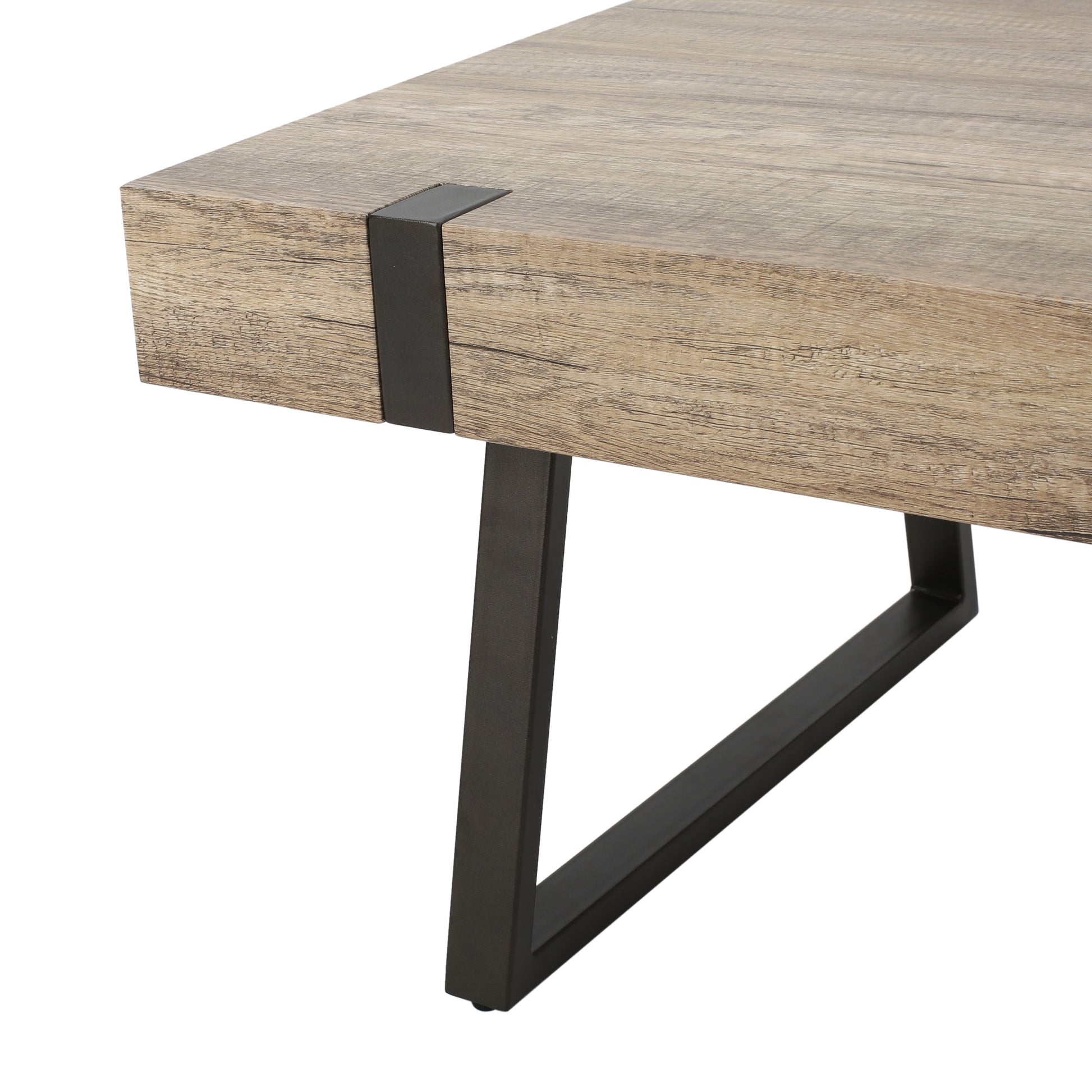 Rustic oak veneer tabletop with black metal bracket detail and angled leg for modern coffee table