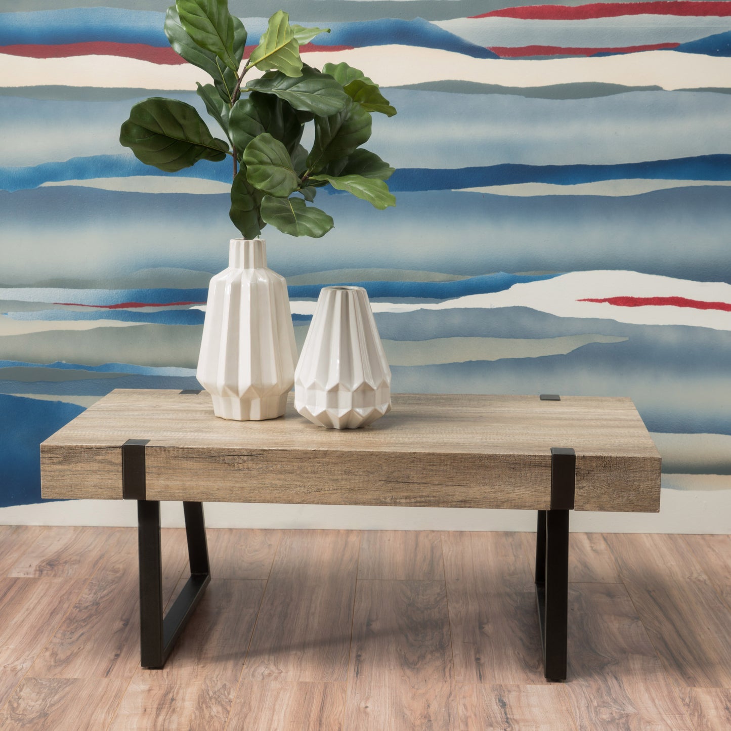 TREATLIFE HOME Faux Wood Coffee Table with Powder-Coated Metal Legs, Industrial Design, Canyon Grey