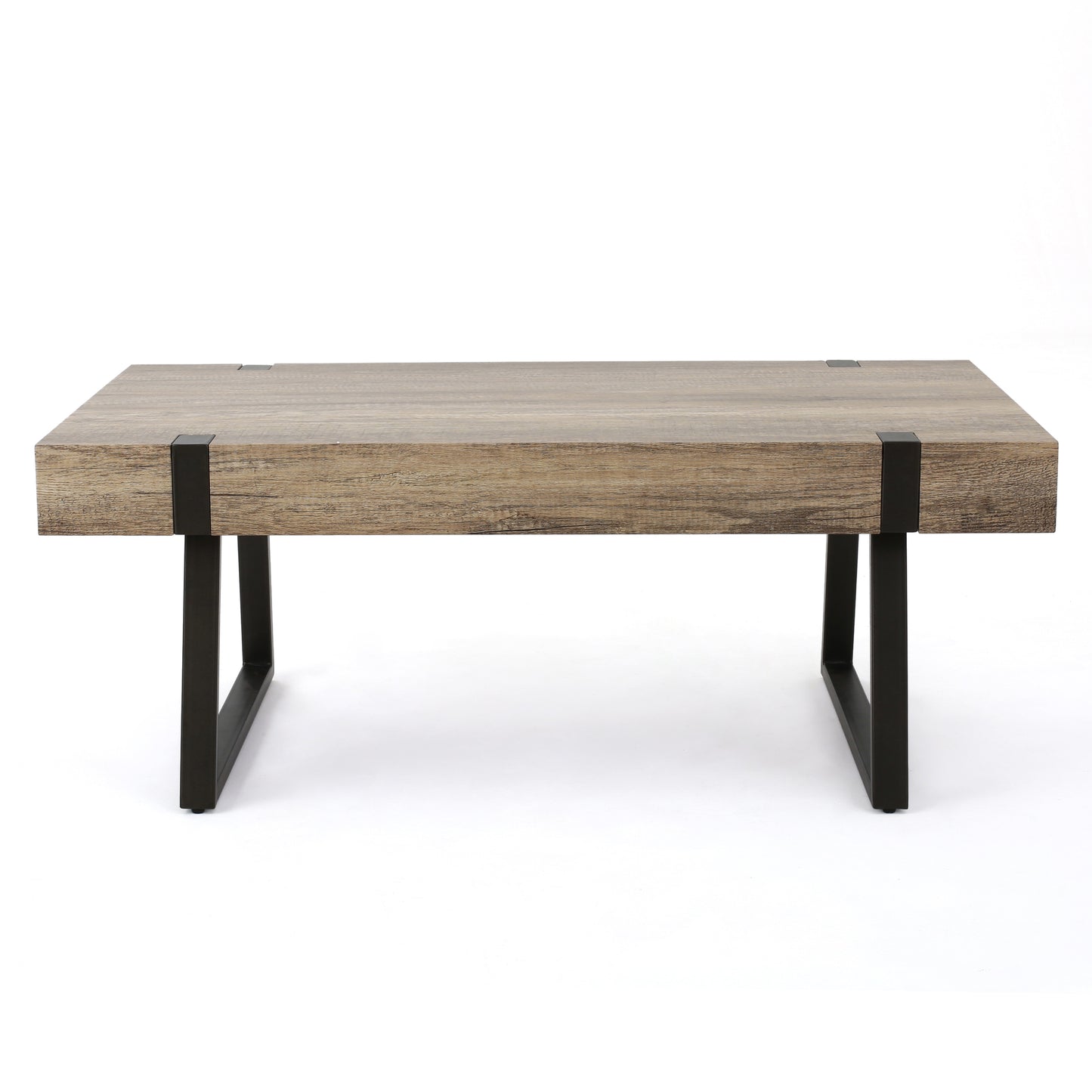 Modern rustic coffee table with weathered oak veneer and black metal legs