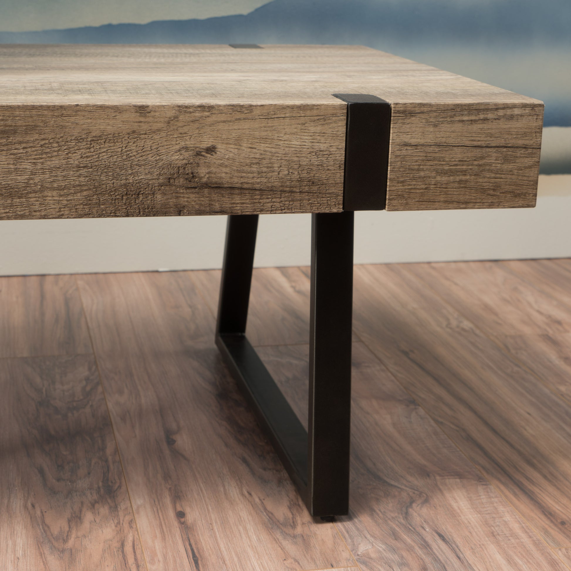 Rustic oak effect coffee table with black metal legs midcentury modern style