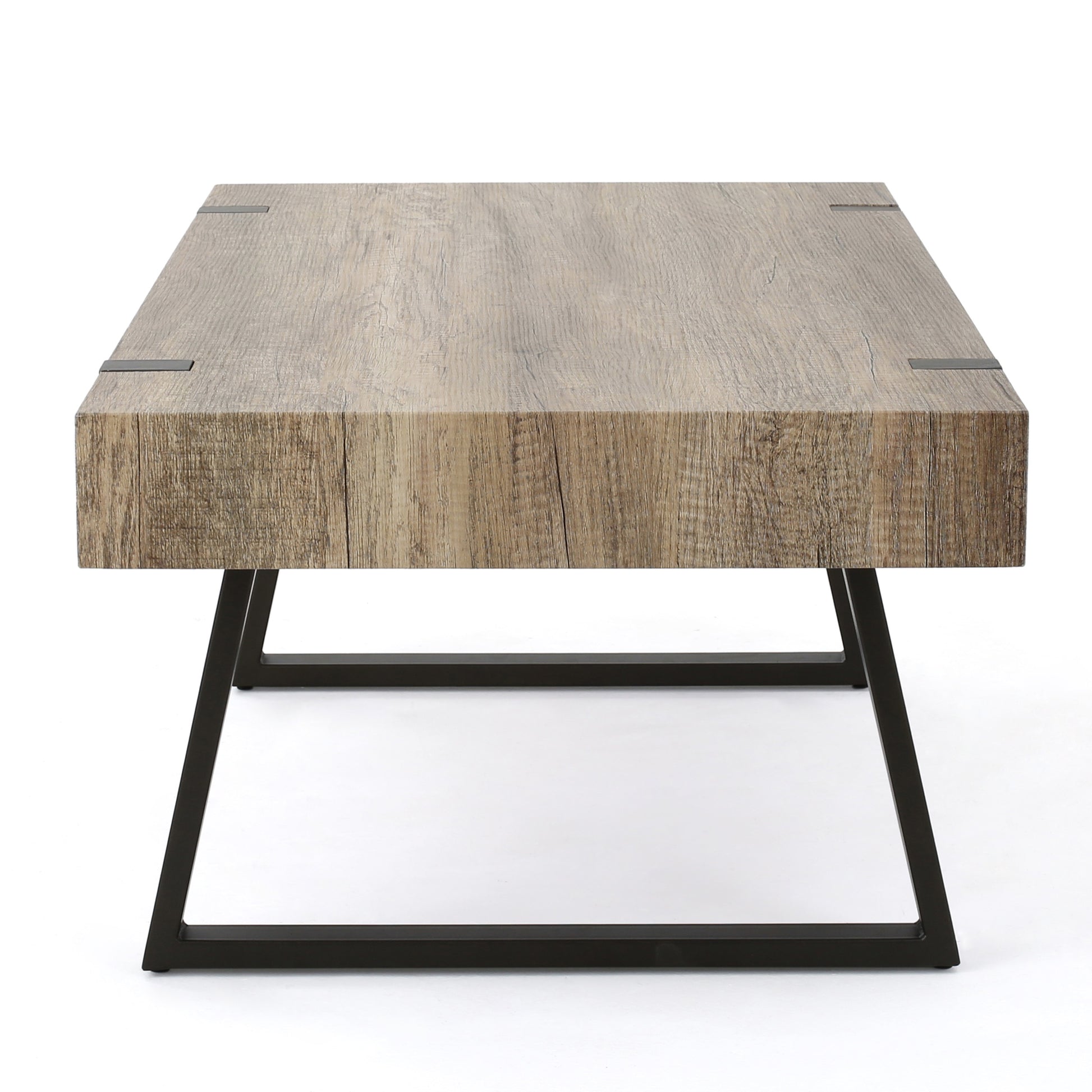 Rustic wood coffee table with metal legs features a distressed oak finish and black industrial frame