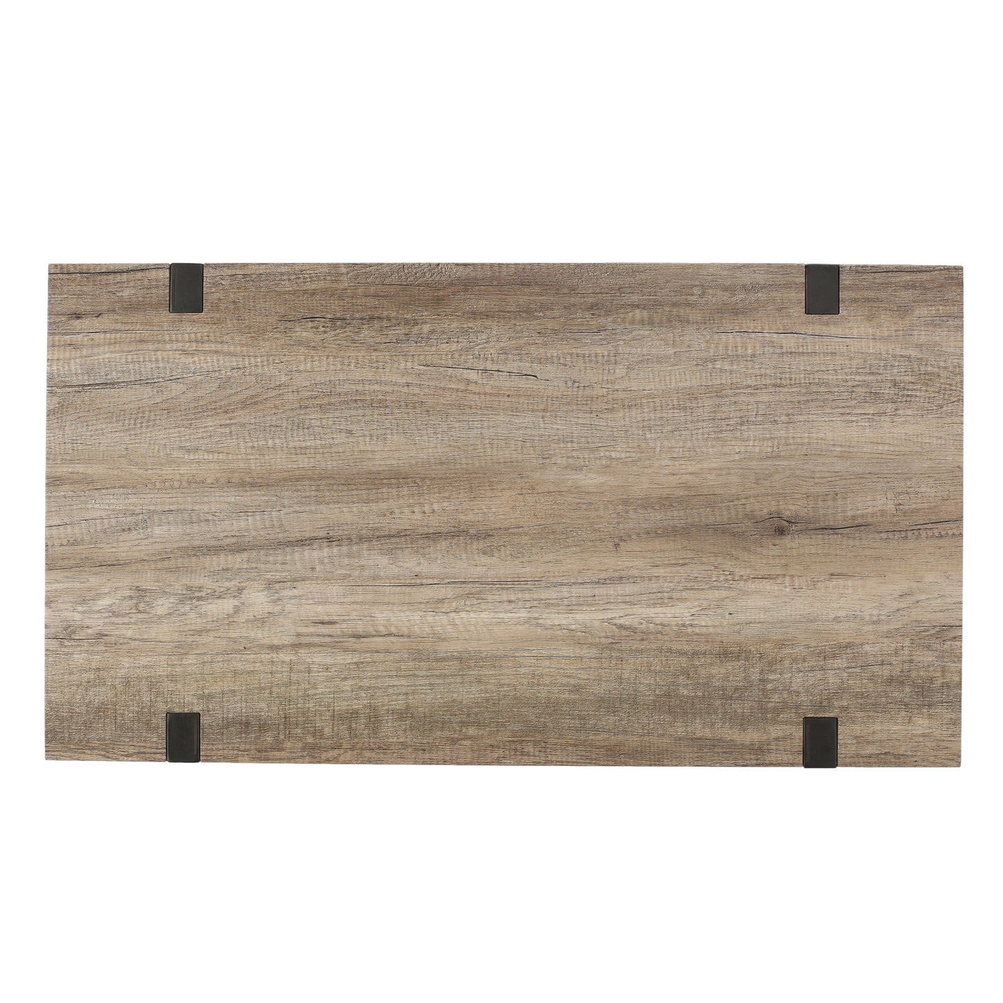 Rustic wood grain tabletop with dark metal corner accents