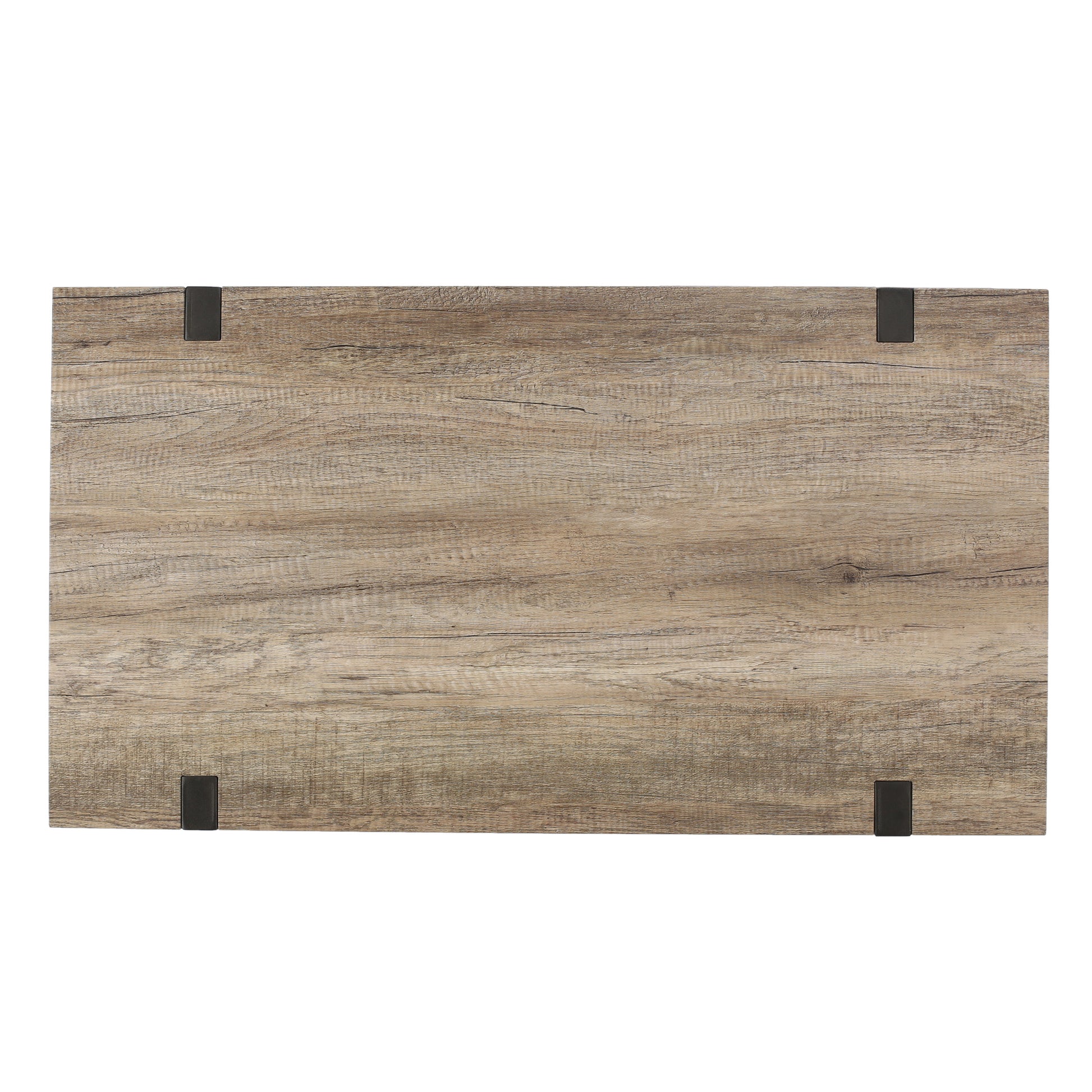 Rustic wood grain tabletop with dark metal corner accents