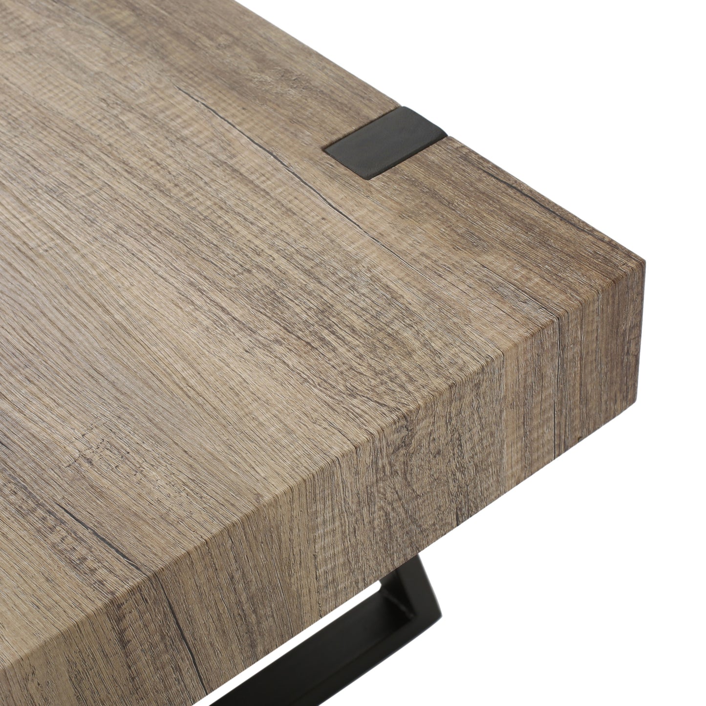 Rustic wood grain coffee table top with black metal accent detail