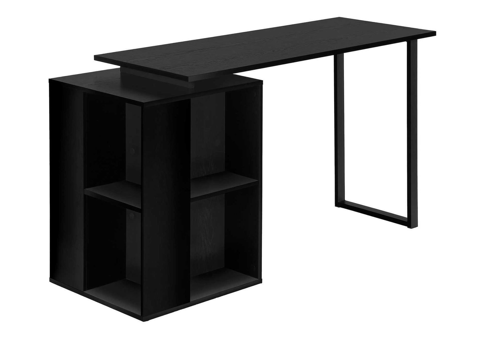 Modern black wood desk with integrated shelving unit for home office