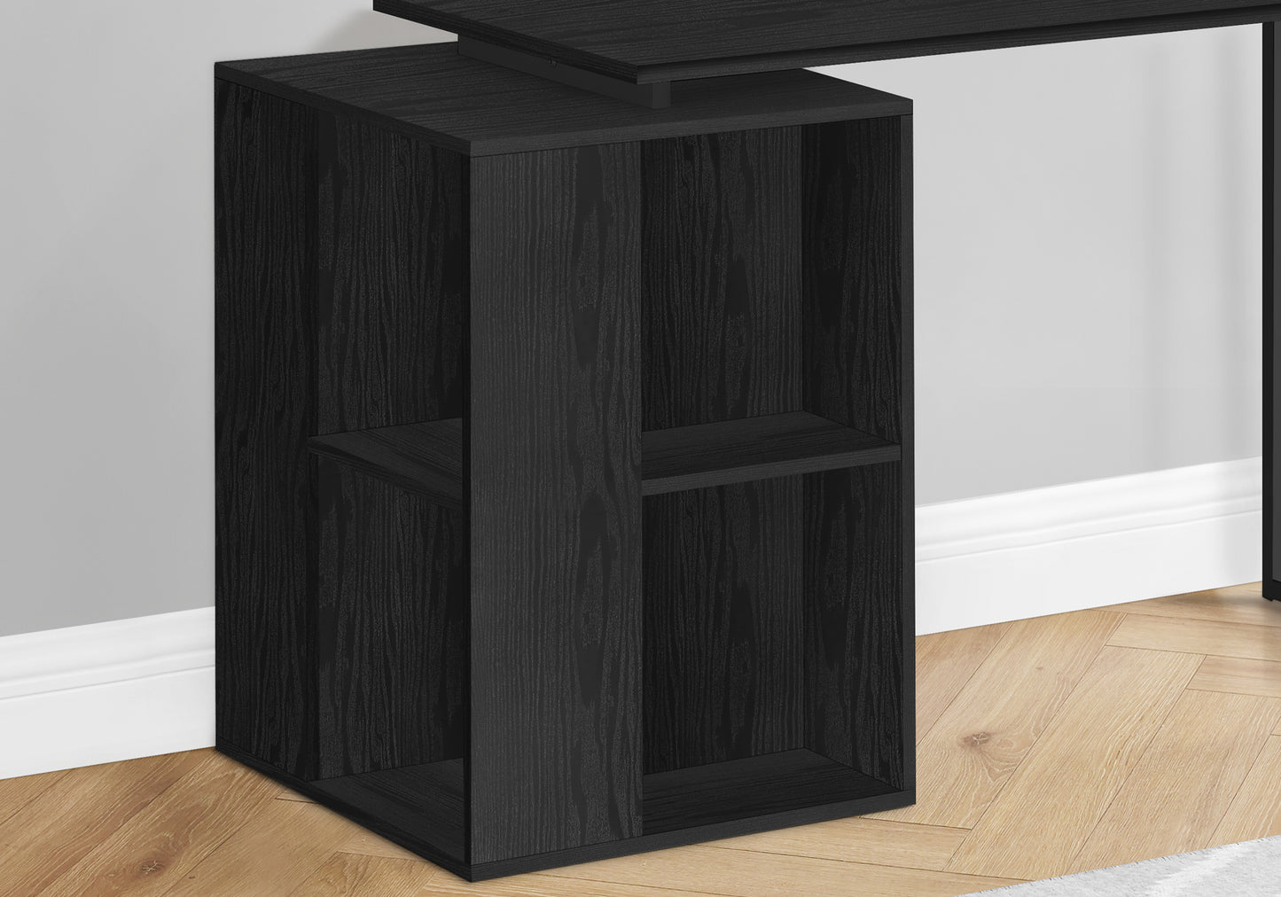 Black wood grain side cabinet with two open shelves for storage