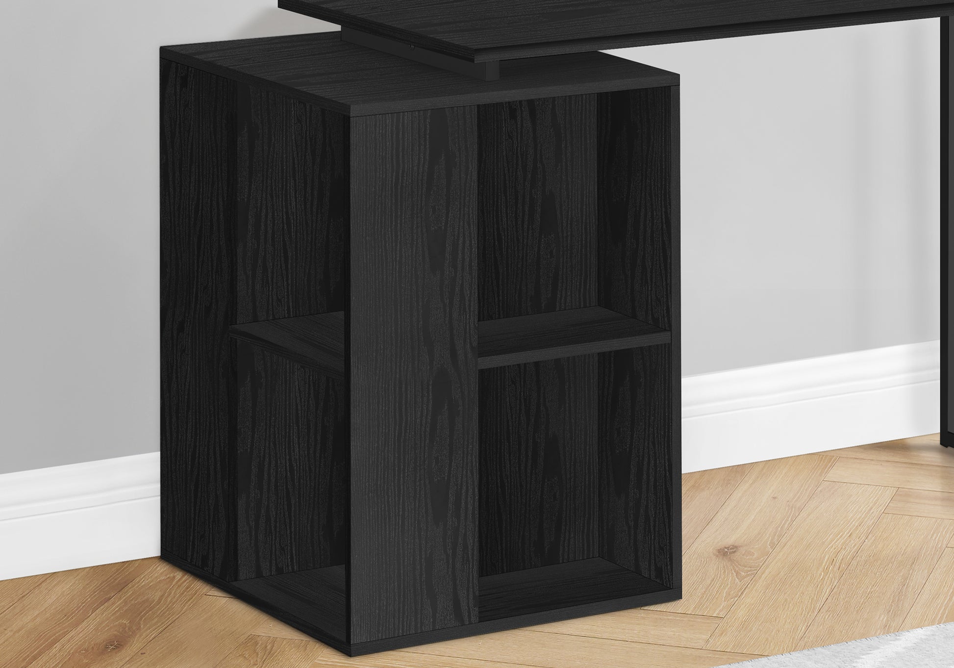 Black wood grain side cabinet with two open shelves for storage