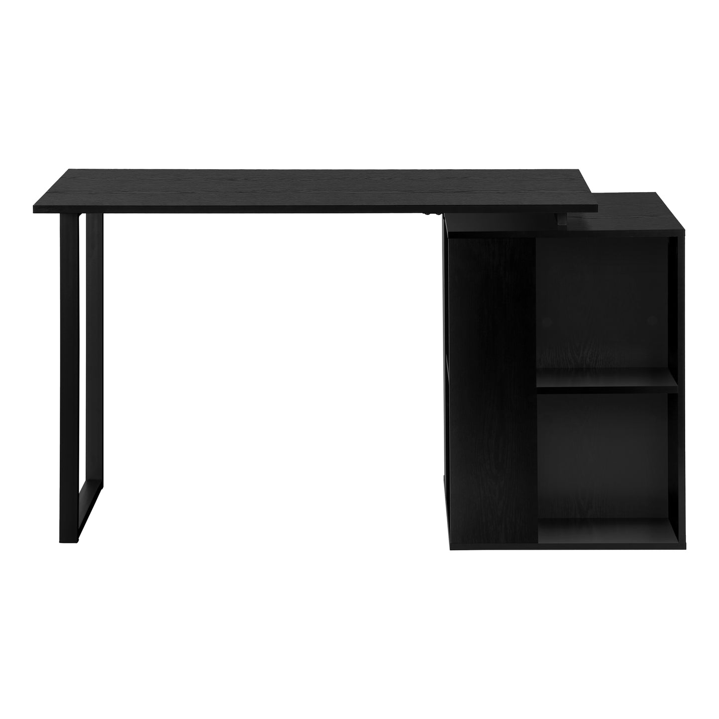 Sleek black modern writing desk with integrated storage shelves and metal legs