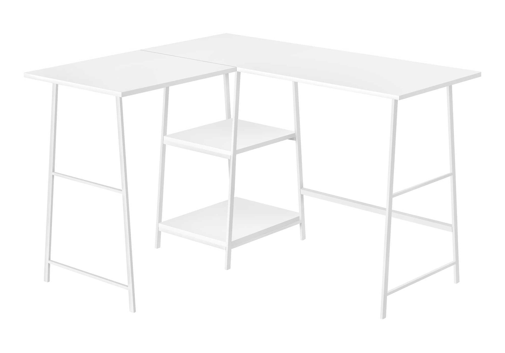 White Lshaped desk with two shelves and minimalist metal frame for modern office spaces