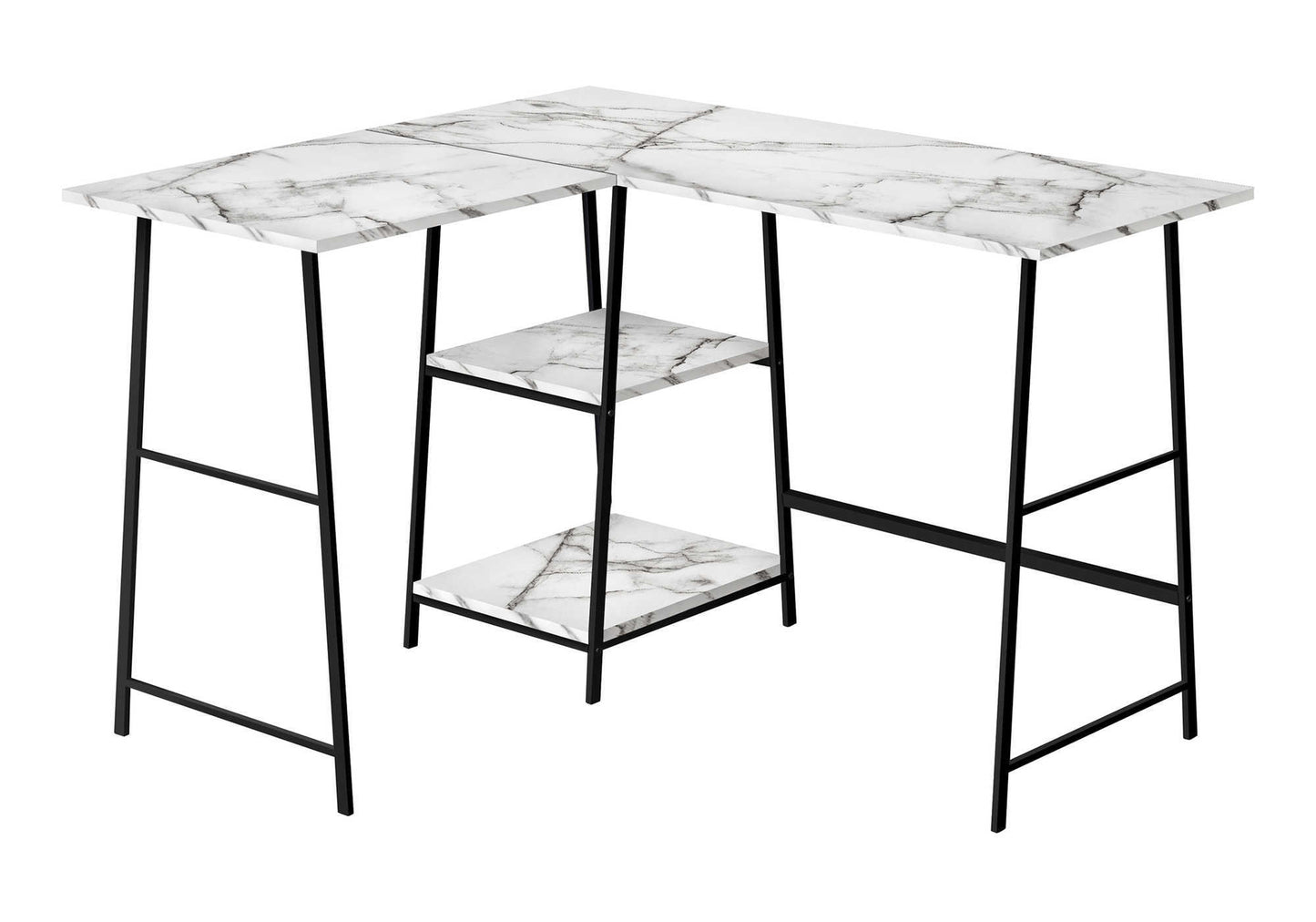 Corner desk with white marble top and black metal frame