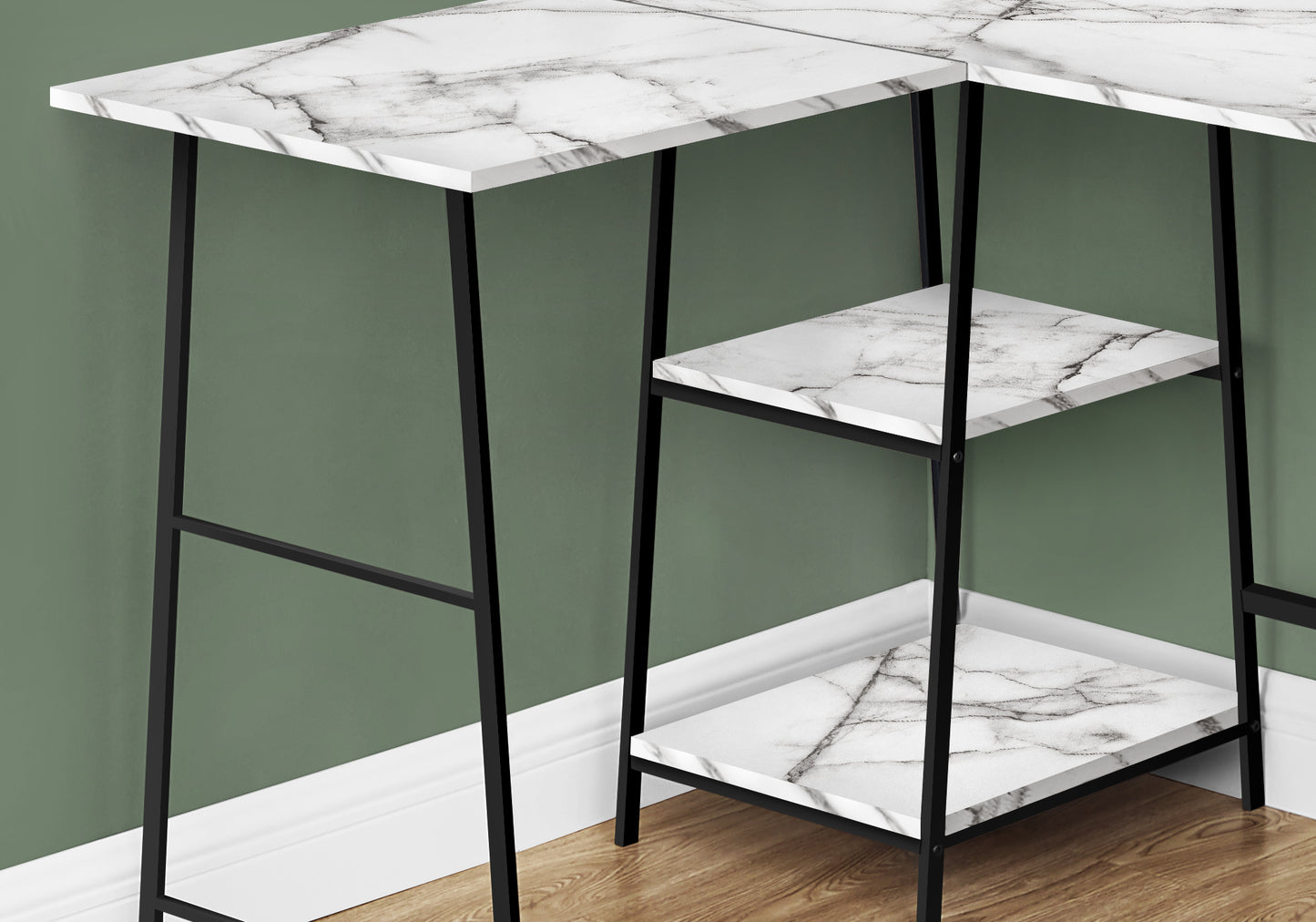 Marble top desk with black metal legs and shelves