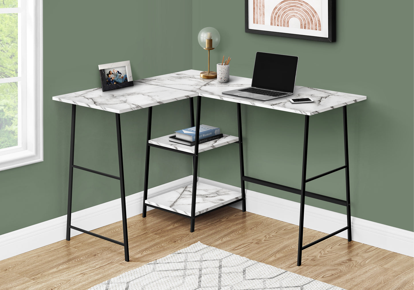 Marble Lshaped desk with black metal frame and integrated shelving for modern home office