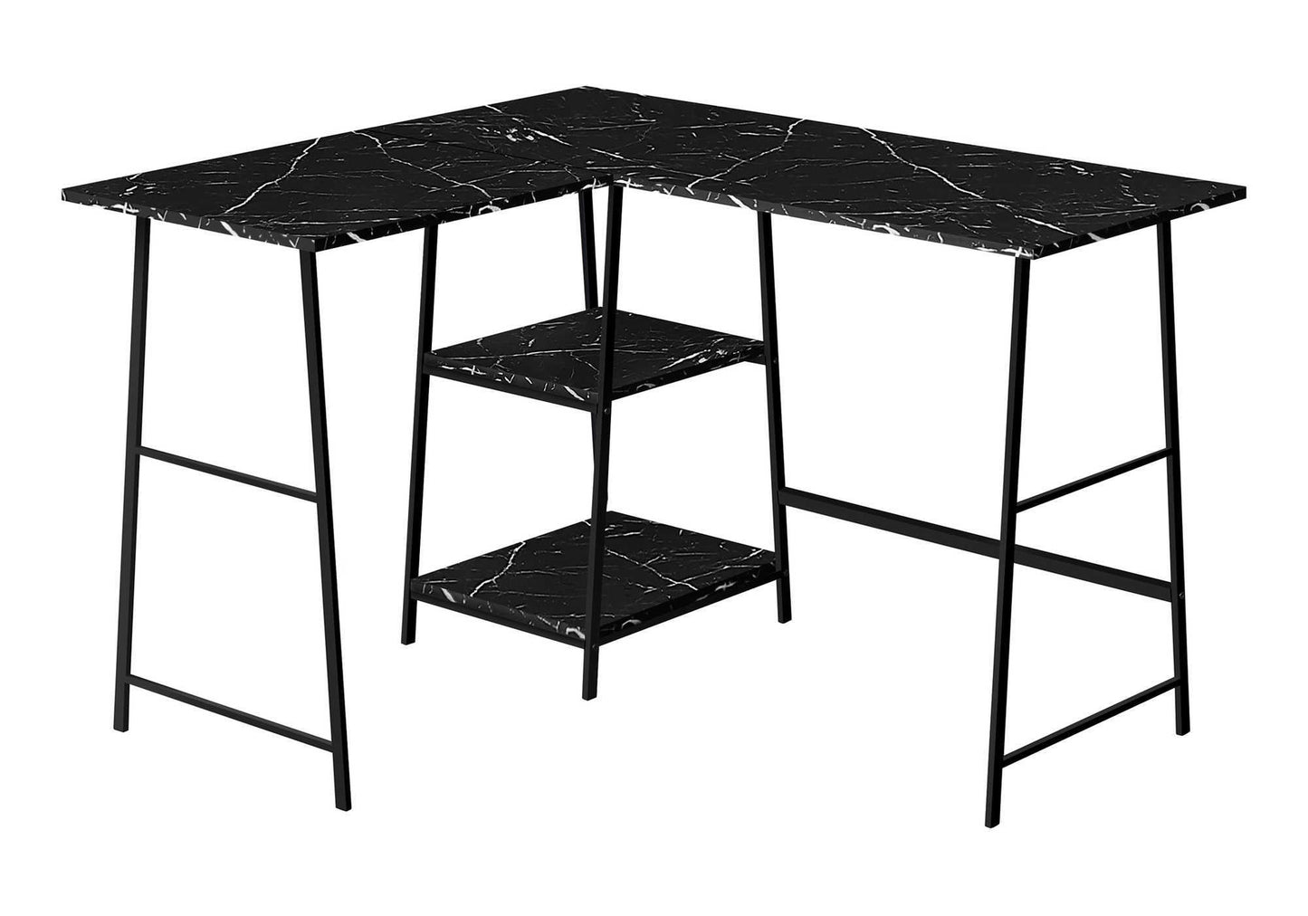 Black marble Lshaped computer desk with open shelving and metal legs